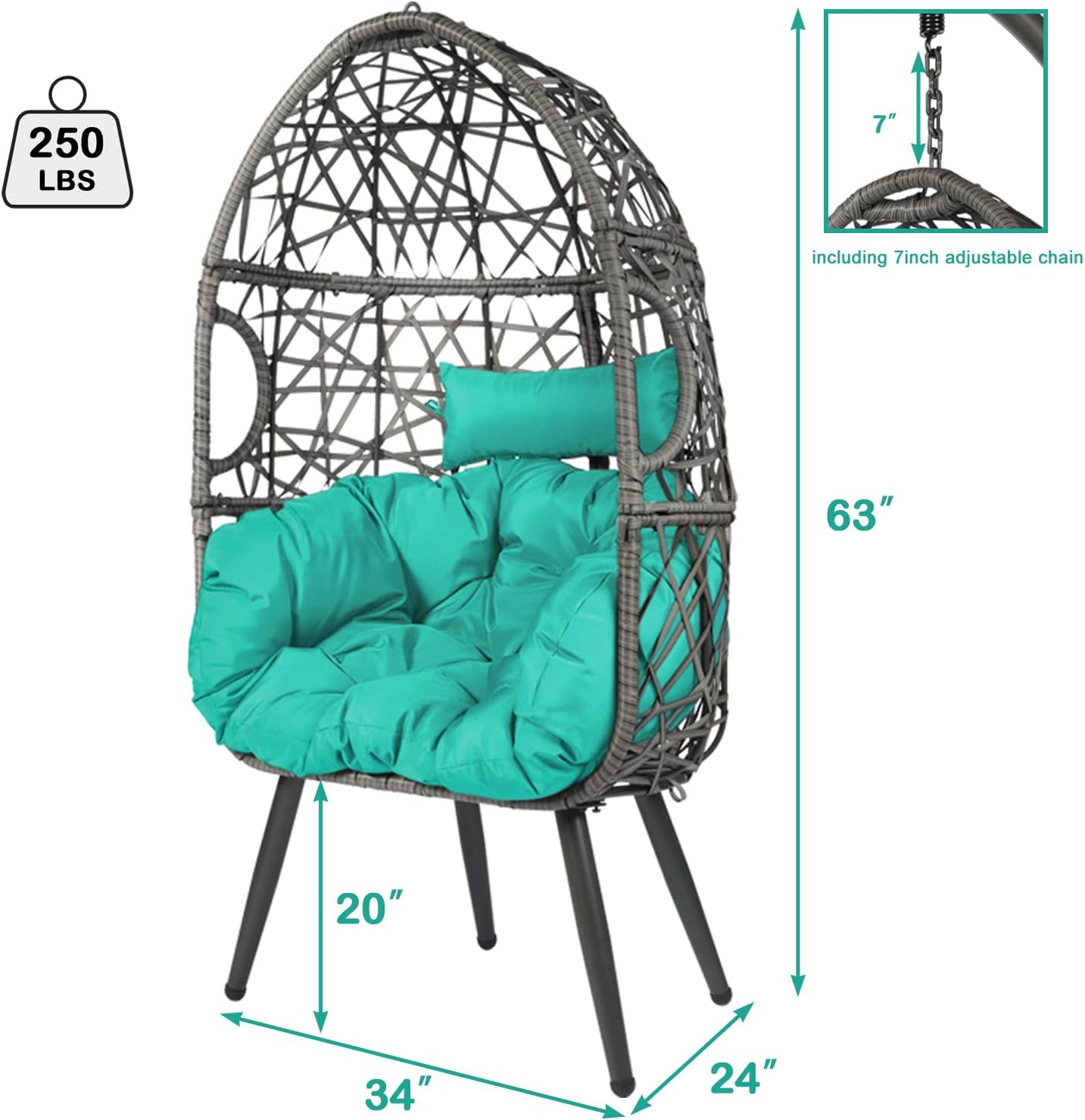 LAZZO Swing Egg Chair, Rattan Hanging Chair, Indoor & Outdoor Hammock Chair with Seat Cushion & Pillow for Patio Porch Lounge Bedroom
