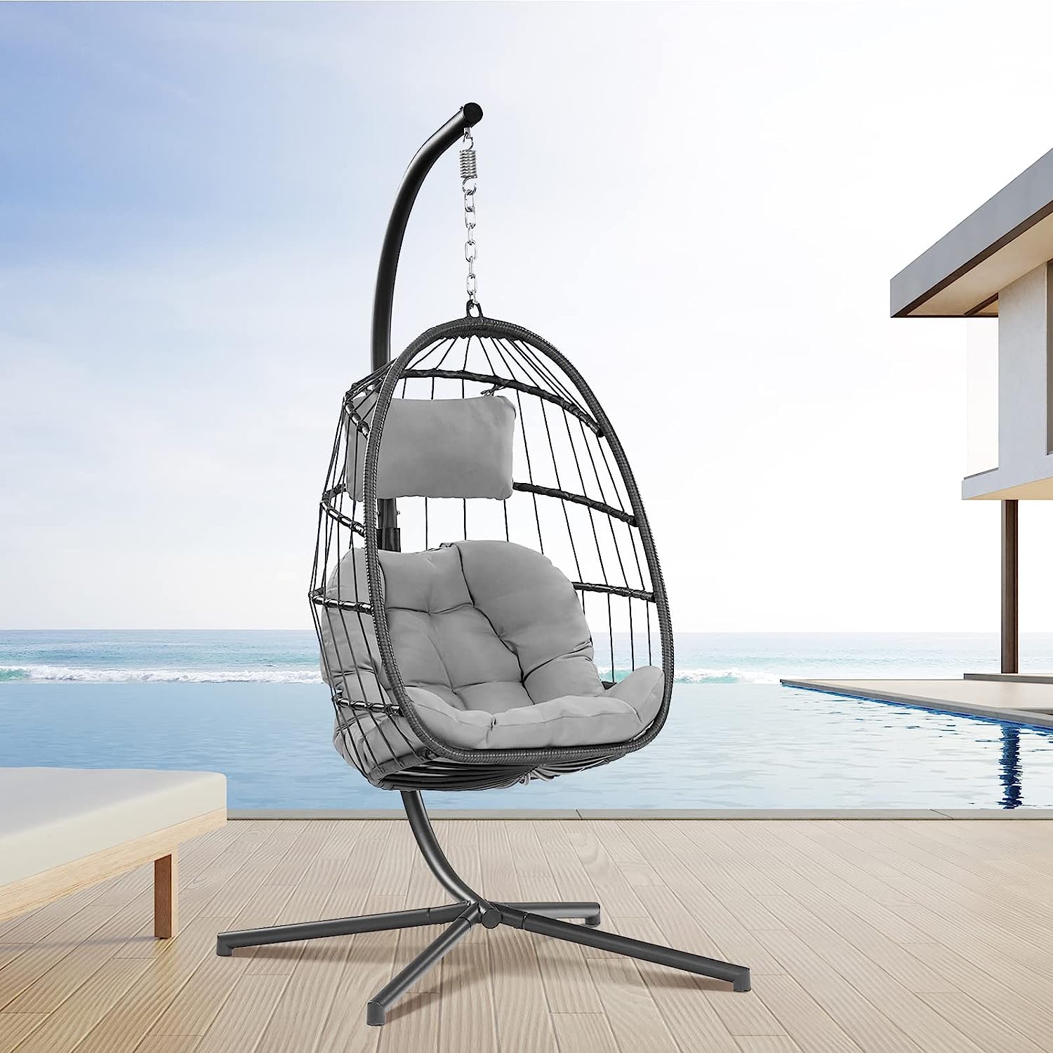 Egg Chair with Stand - Patio Rattan Wicker Hanging Swing Egg Chair Hammock Chair for Indoor Outdoor Bedroom Garden - Aluminum Steel Frame and UV Resistant Cushion 350LBS Capacity (Dark Grey)