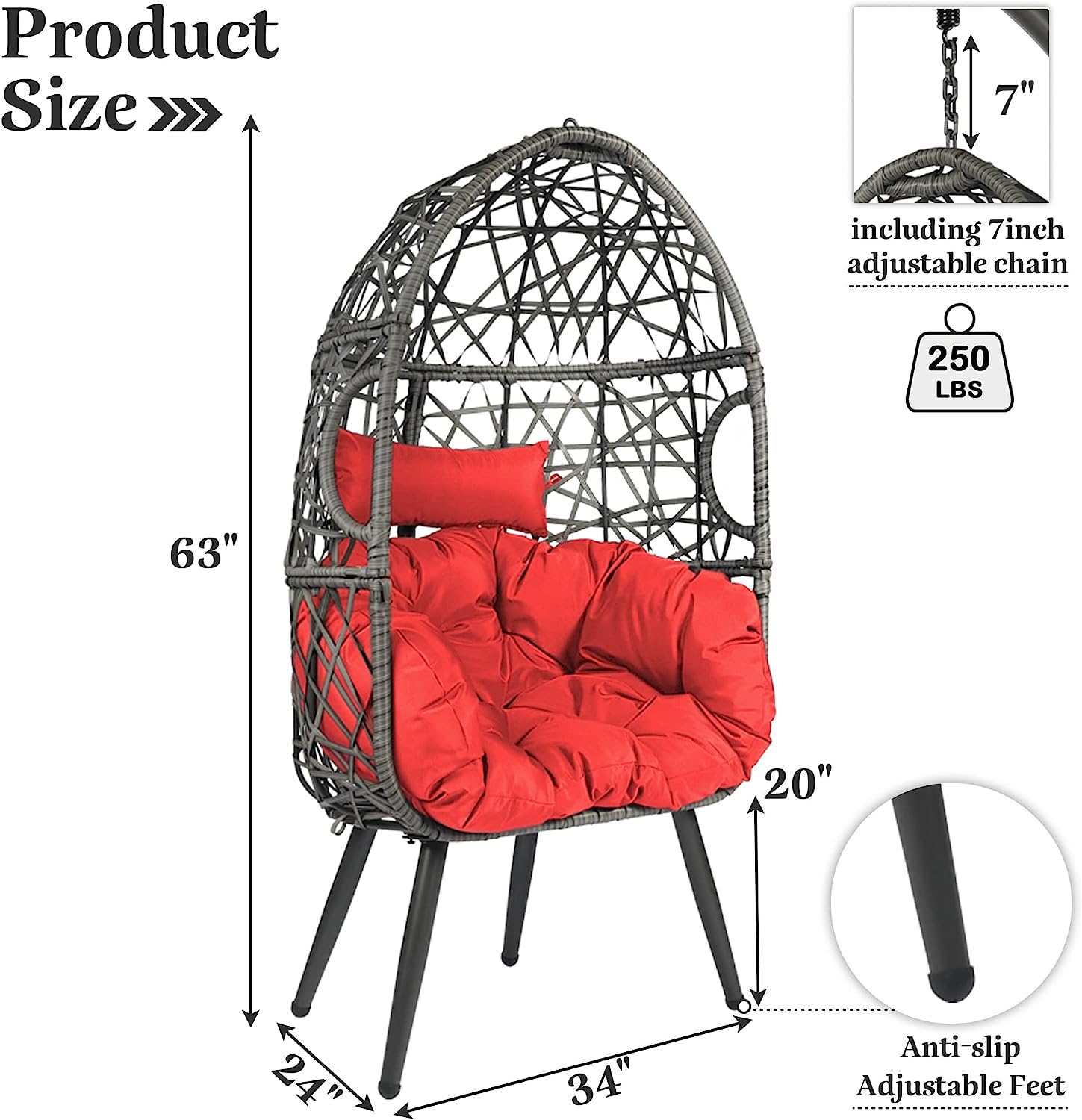 HOPUBUY Hammock Chair Egg Chair with Stand, Hanging Chair with Cushion and Pillow, Rattan Egg Swing Chair for Outdoor Indoor Bedroom, Porch, Balcony, Tree (C-Stand not Included)