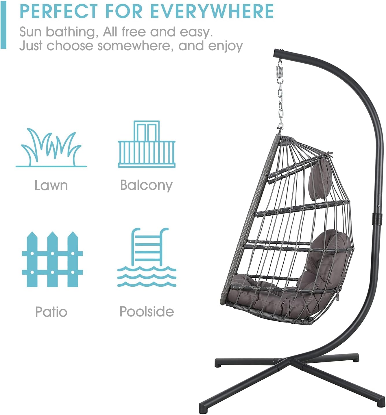 Patiorama Indoor Outdoor Egg Swing Chair with Stand, Patio Grey Wicker Rattan Hanging Chair with Rope Back, Cushion,Cover,All Weather Foldable Hammock Chair for Bedroom, Garden (Light Grey)