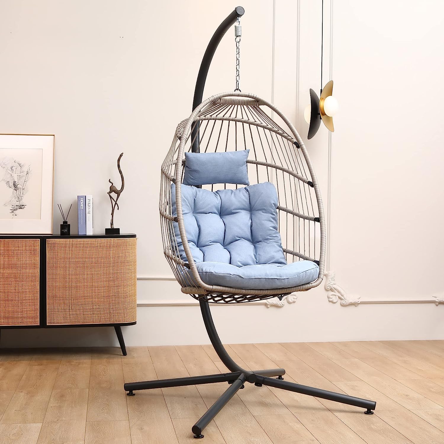 SWITTE Hanging Egg Chair with Stand, Egg Swing Hammock Chair with Stand, Indoor Outdoor Wicker Egg Chair with Cushion Headrest for Patio Bedroom Porch Garden, 350LBS Capacity(Dark Grey)