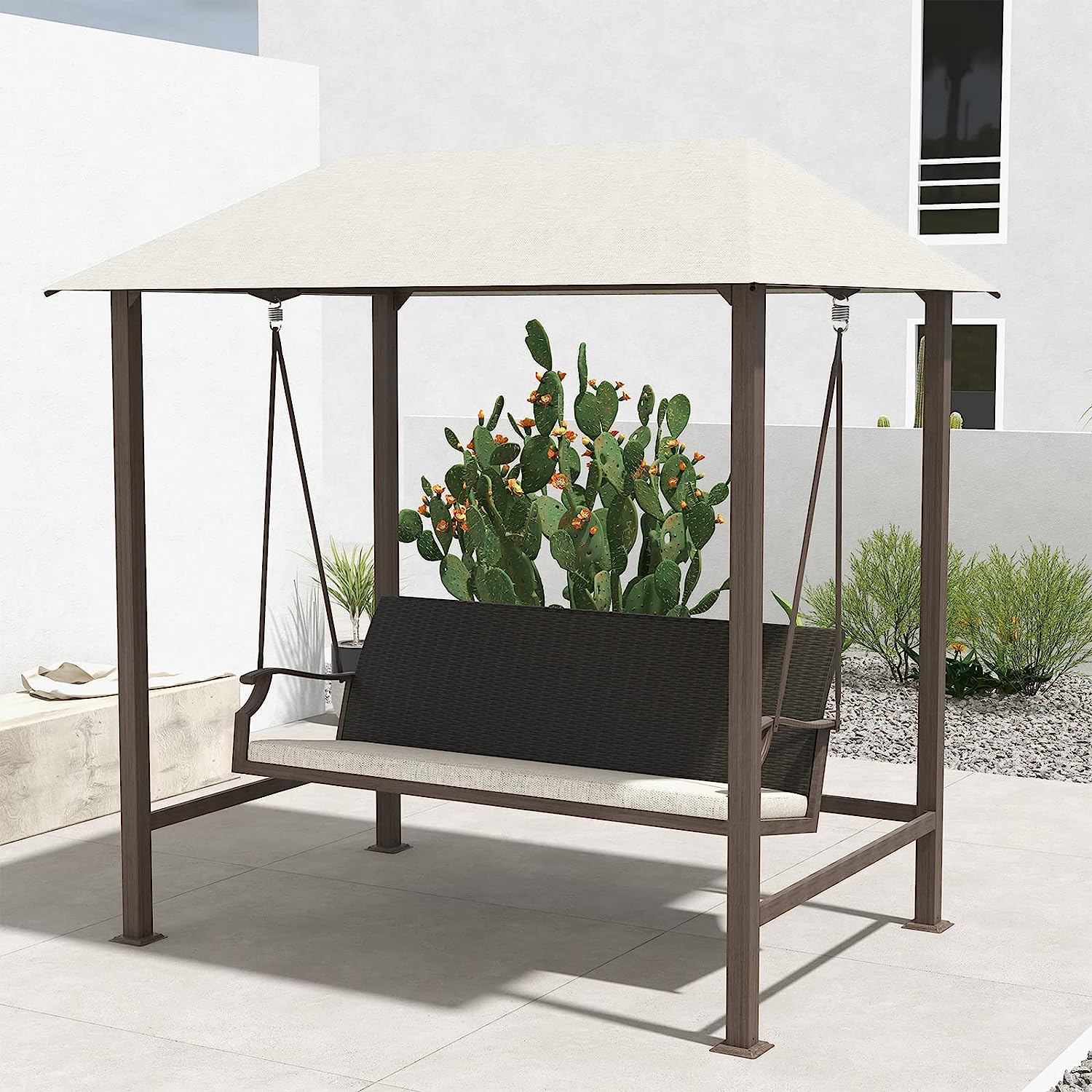 Grand Patio Outdoor Porch Swing 3-Seat with Canopy and Removable Cushion for Garden, Backyard, Poolside, Weather Resistant Powder Coated Steel, Beige