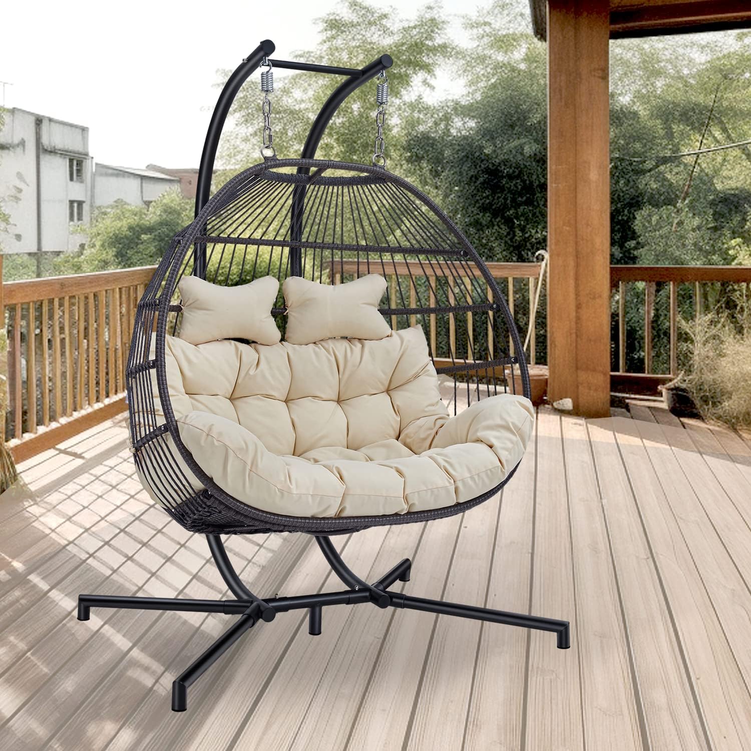 JOYBASE Hanging Egg Chair with Stand, Outdoor Wicker Rattan Egg Swing Chair with Stand and Cushion for Indoor Outdoor Bedroom Patio Garden (Grey/Black)