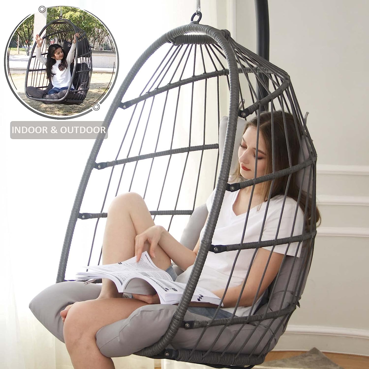 Indoor Outdoor Patio Wicker Hanging Chair Swing Egg Basket Chairs with Stand UV Resistant Cushions 350lbs Capaticy for Patio Backyard Balcony Xmas Gift