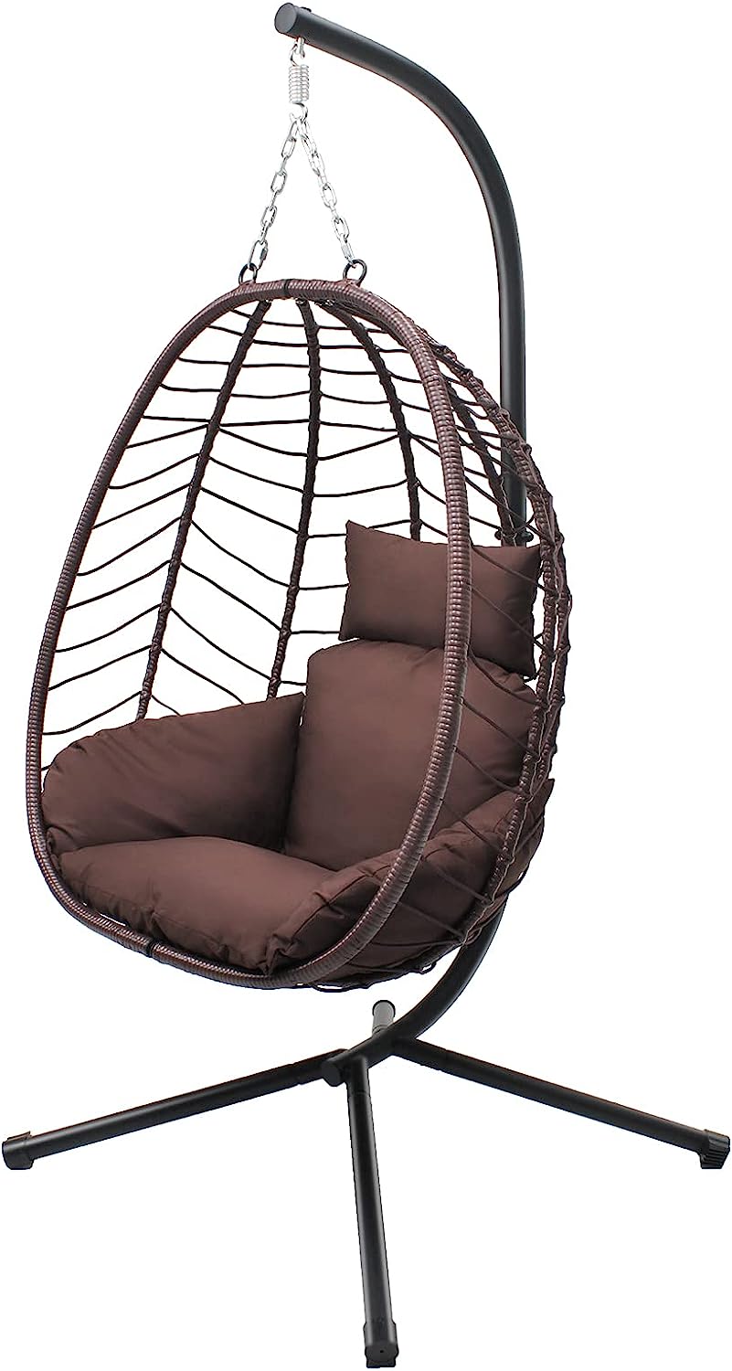 VARVIND Hammock Chair,Swing Egg Chiar with Stand and Cushions, Pillow, Foldable Wicker Rattan Hanging Egg Chair,Adjustable Height,Anti-UV&Waterproof, Indoor and Outdoor Use,286Lbs(Brown)