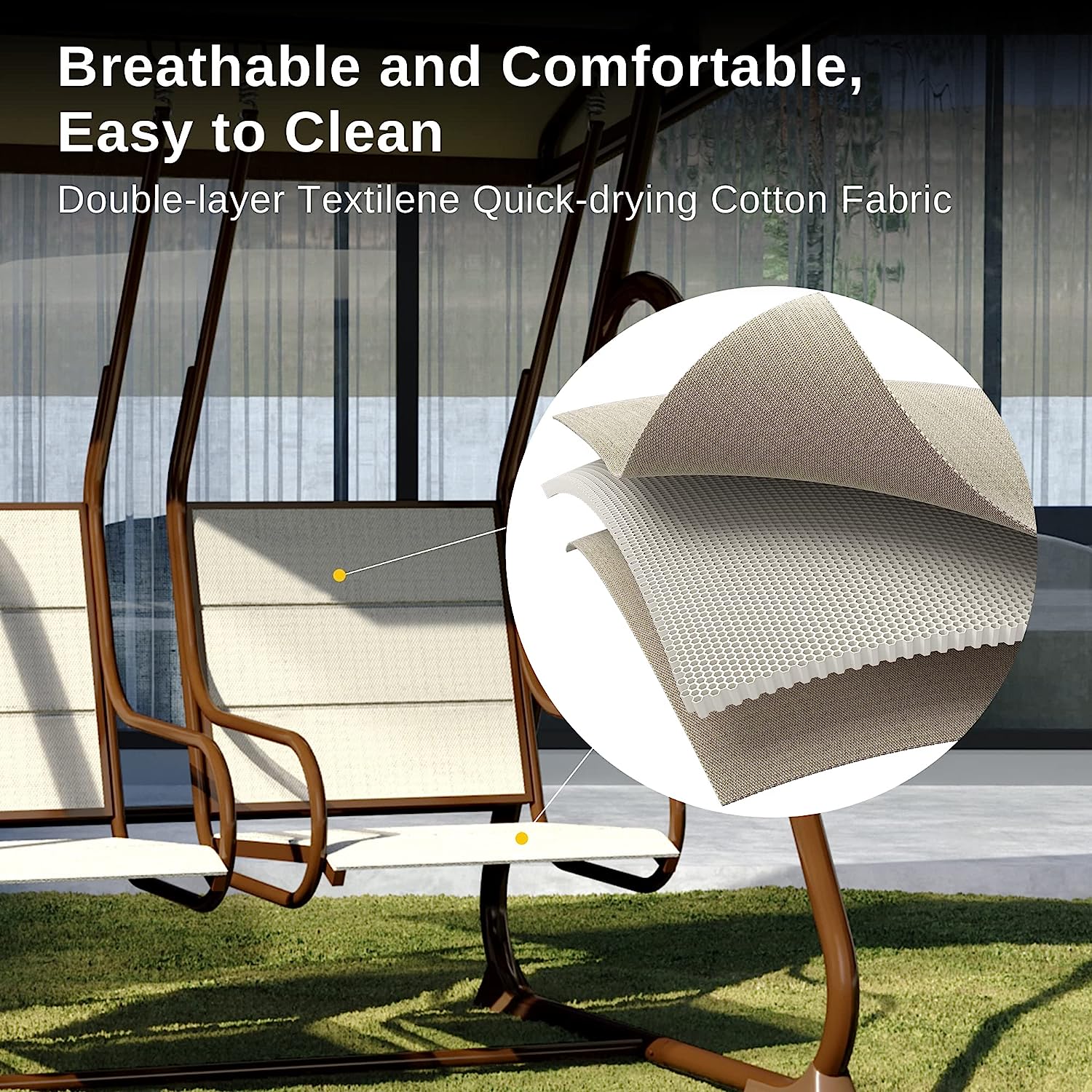 EAST OAK 2-Person Outdoor Patio Swing Chair with Adjustable Canopy, Porch Swing with Comfortable and Breathable Seats, Independent Swing Chairs for Garden, Balcony, Backyard, Chestnut Brown