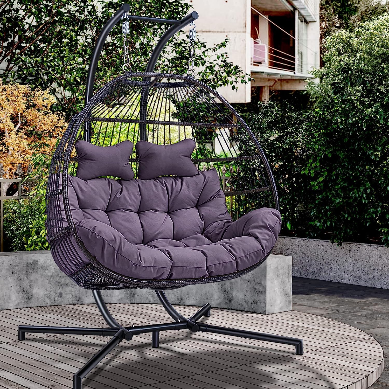 Double Egg Chair with Stand, Foldable 2-Person Hanging Swing Chair with Cover and UV Cushion, X-Large Rattan Wicker Hammock Chair for Indoor Outdoor Garden Patio (Black Frame + Gray Cushion)