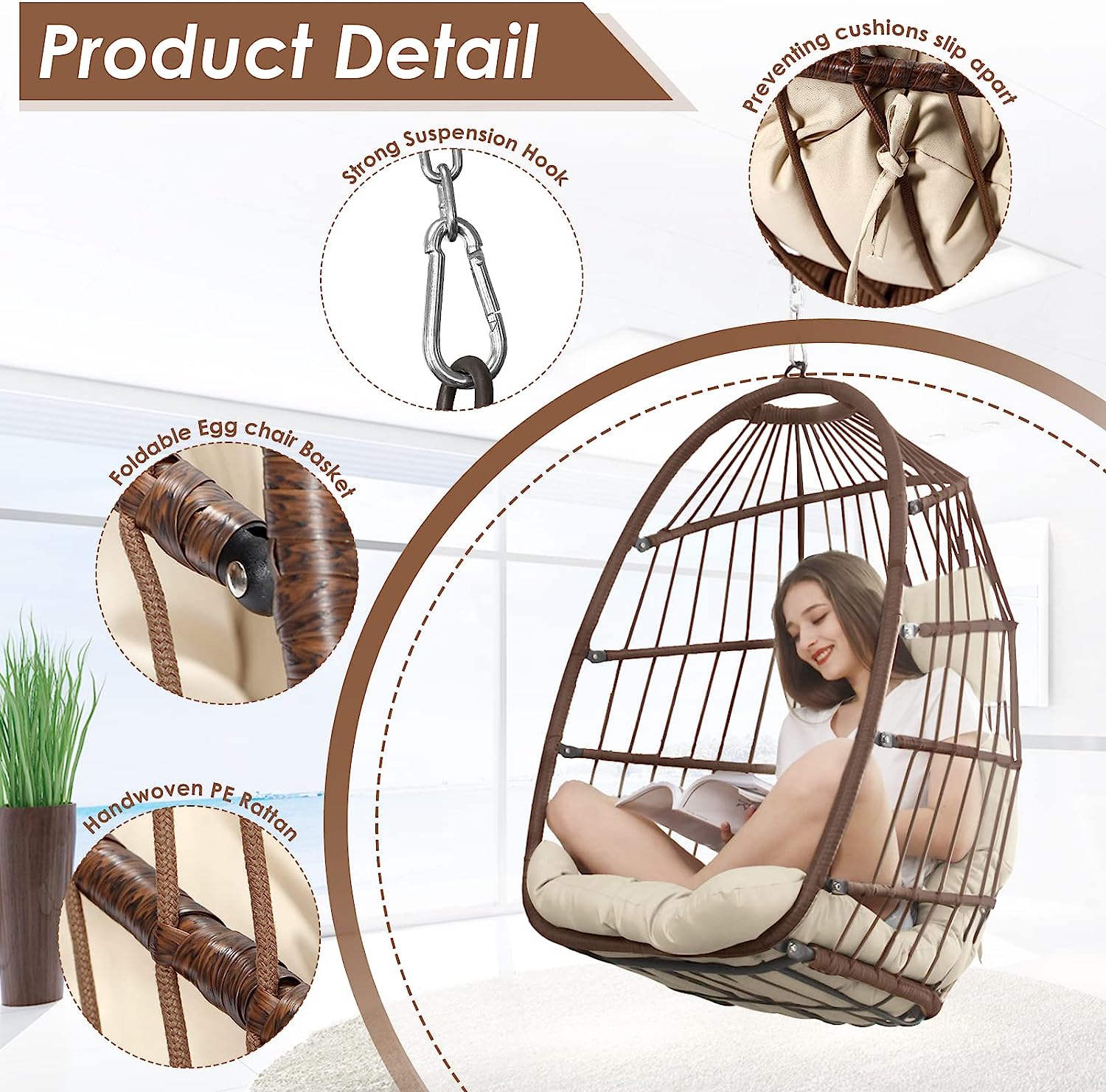 RADIATA Double Egg Chair with Stand Luxury Outdoor Patio Wicker Loveseat Hanging Swing Egg Chairs with Resistant Cushions Metal Frame 500 lbs Capaticy for 2 Persons Patio Backyard Balcony