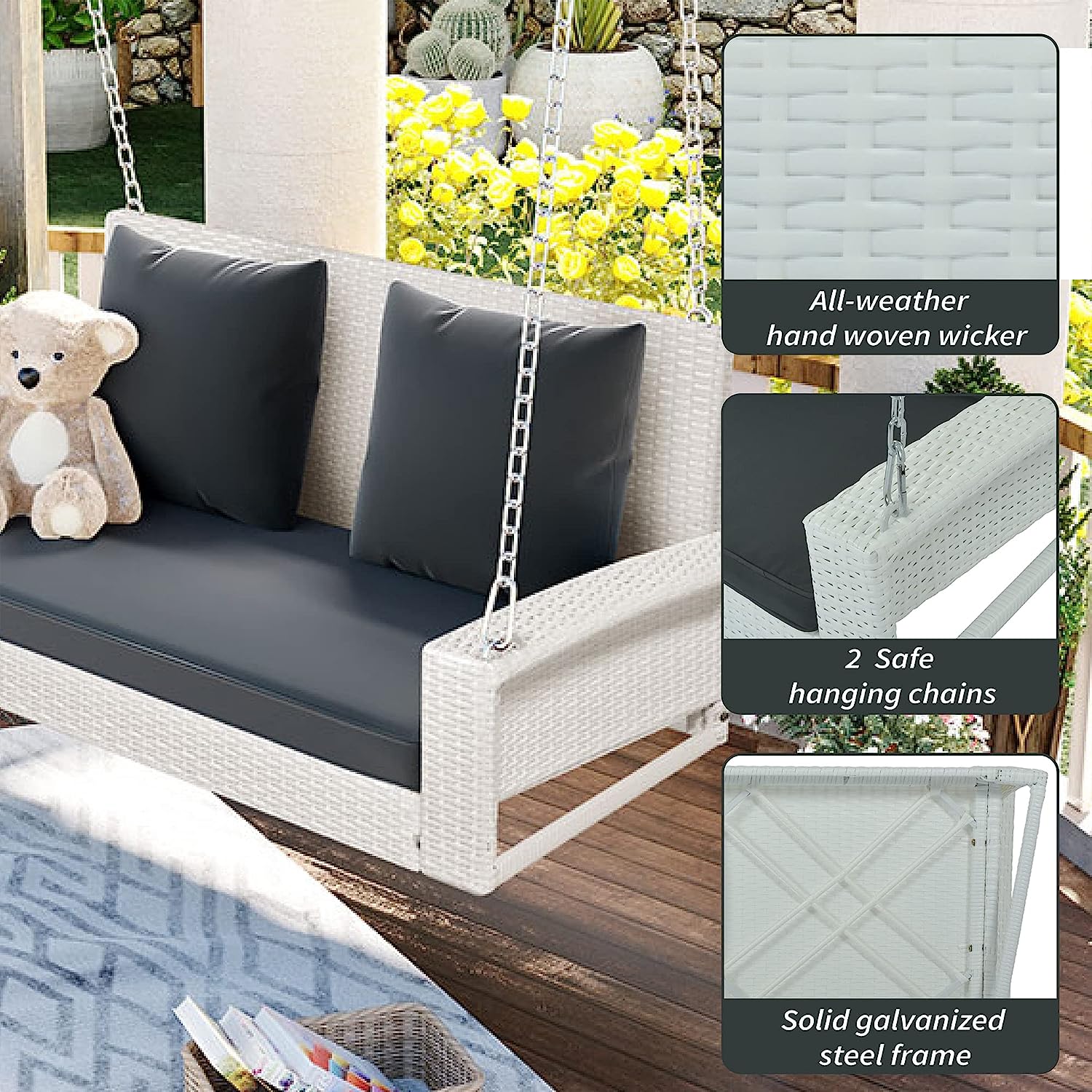 Patio 51.9” 2-Person Swing Chair,Outdoor Rattan Woven Hanging Seat with Adjustable Rope and Cushion,for Porch Lawn Garden Backyard Balconies (Black&b)