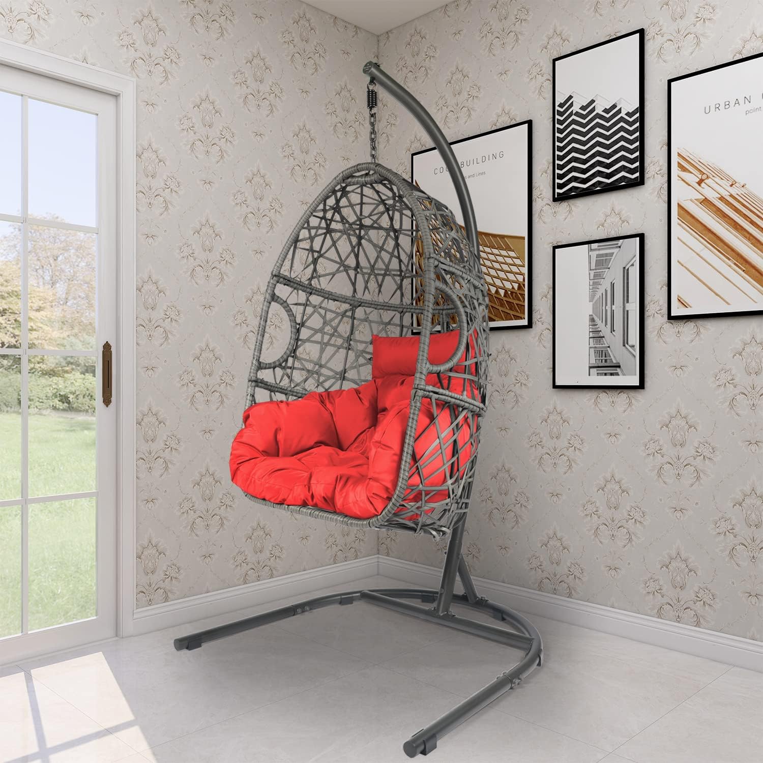 LAZZO Swing Egg Chair, Rattan Hanging Chair, Indoor & Outdoor Hammock Chair with Seat Cushion & Pillow for Patio Porch Lounge Bedroom