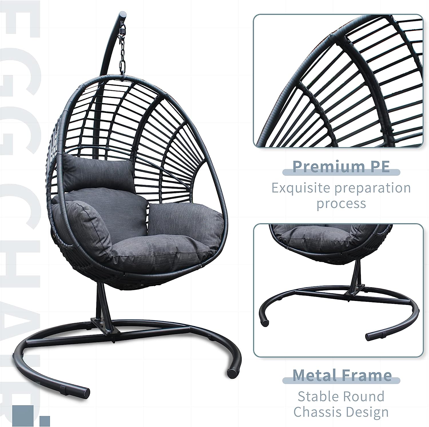 Olela Wicker Egg Swing Chair with Stand Indoor Outdoor,Hanging Egg Chair with Cushion and Pillow,Basket Chair for Bedroom,Living Room or Patio Garden (Natural-Round Base)