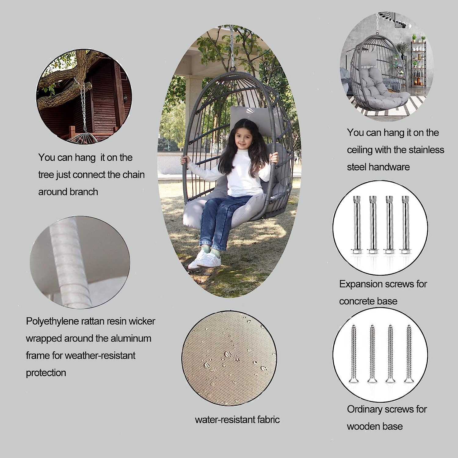 Swing Egg Chair Without Stand Indoor Outdoor Wicker Rattan Patio Basket Hanging Chair with UV Resistant Cushions 265lbs Capaticy for Bedroom Balcony Patio (Without Stand)