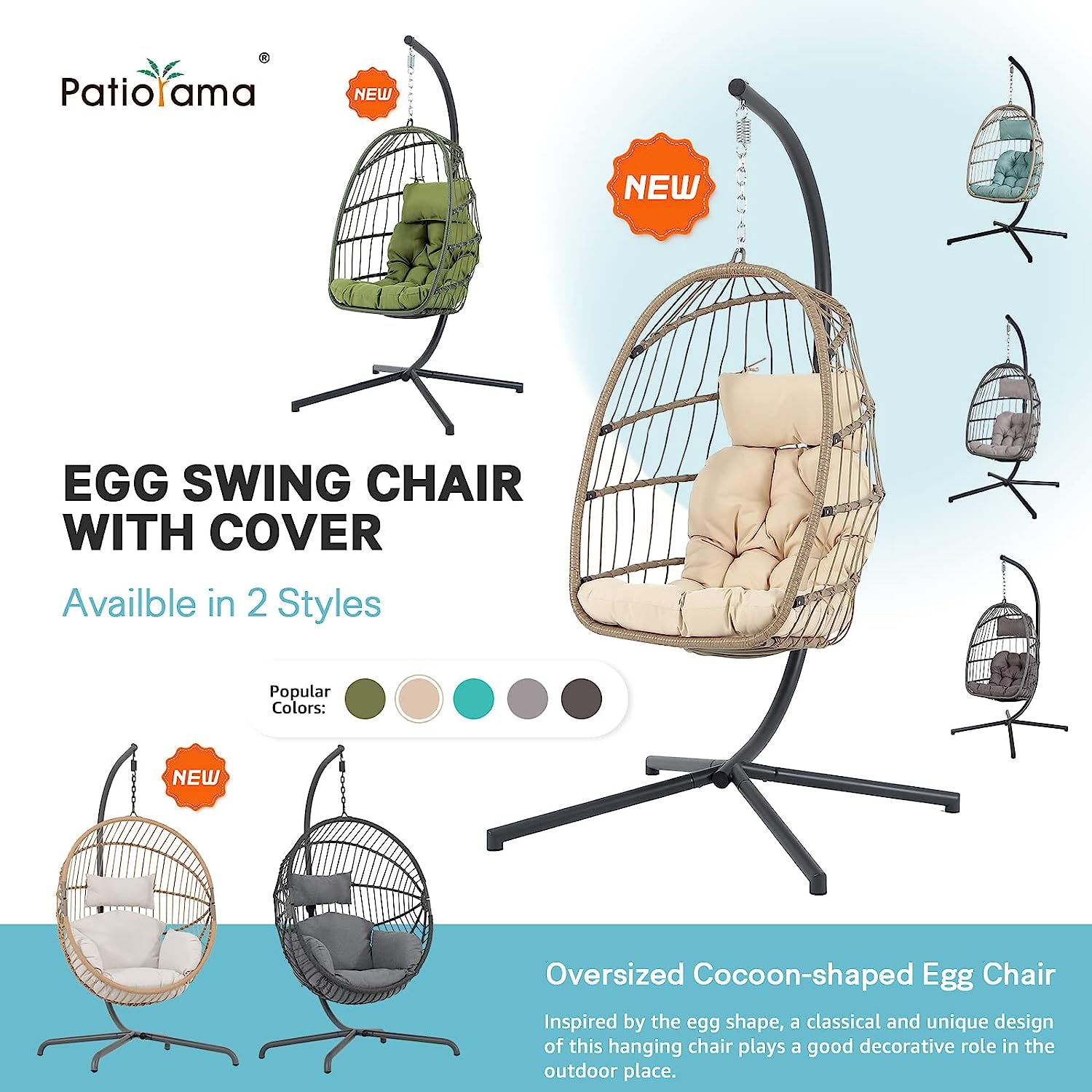 Patiorama Indoor Outdoor Egg Swing Chair with Stand, Patio Grey Wicker Rattan Hanging Chair with Rope Back, Cushion,Cover,All Weather Foldable Hammock Chair for Bedroom, Garden (Light Grey)