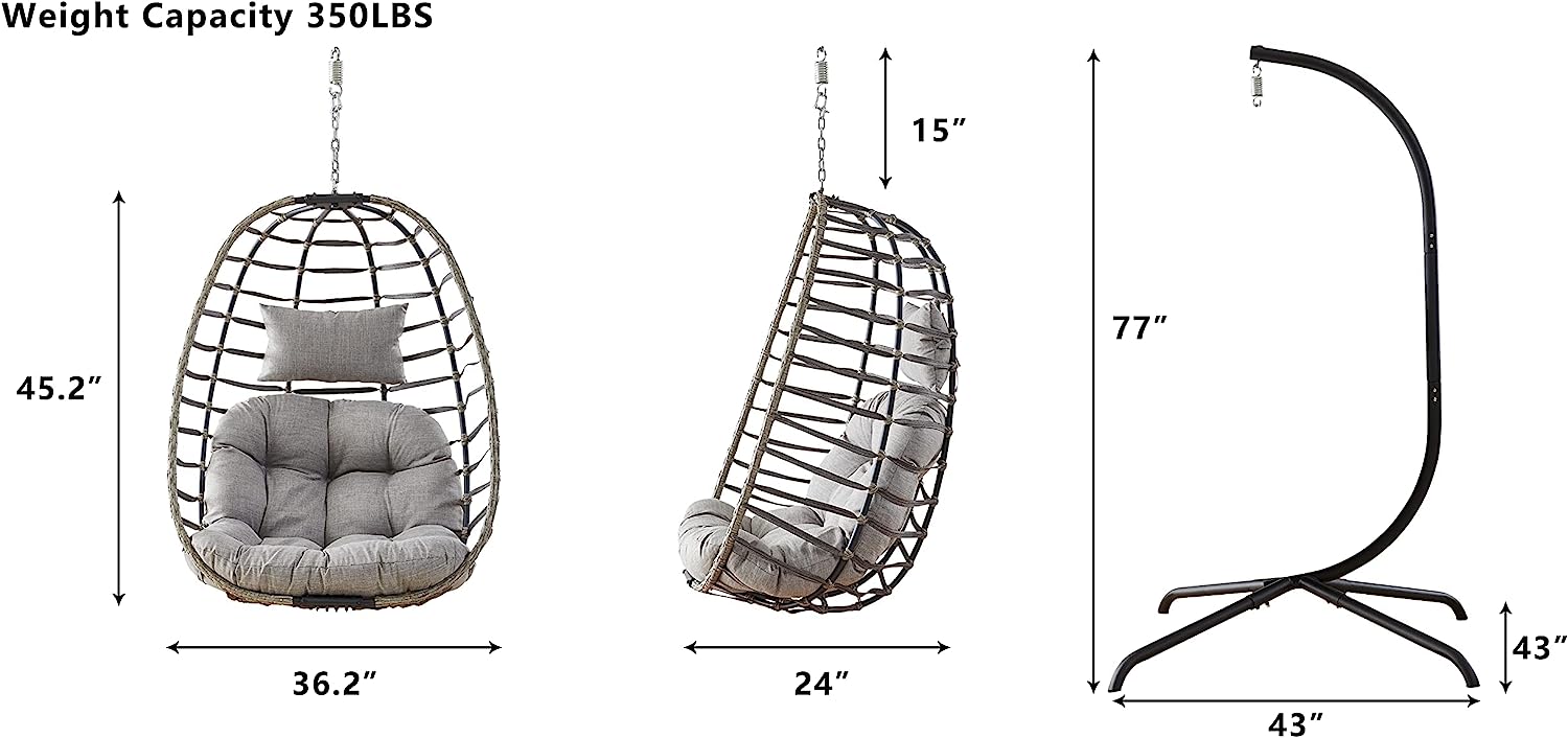 Rilyson Hanging Egg Chair Without Stand - Outdoor Egg Swing Chair with Resistant Cushion Wicker Rattan Swinging Egg Chair for Patio Garden Balcony(Grey/Blue)