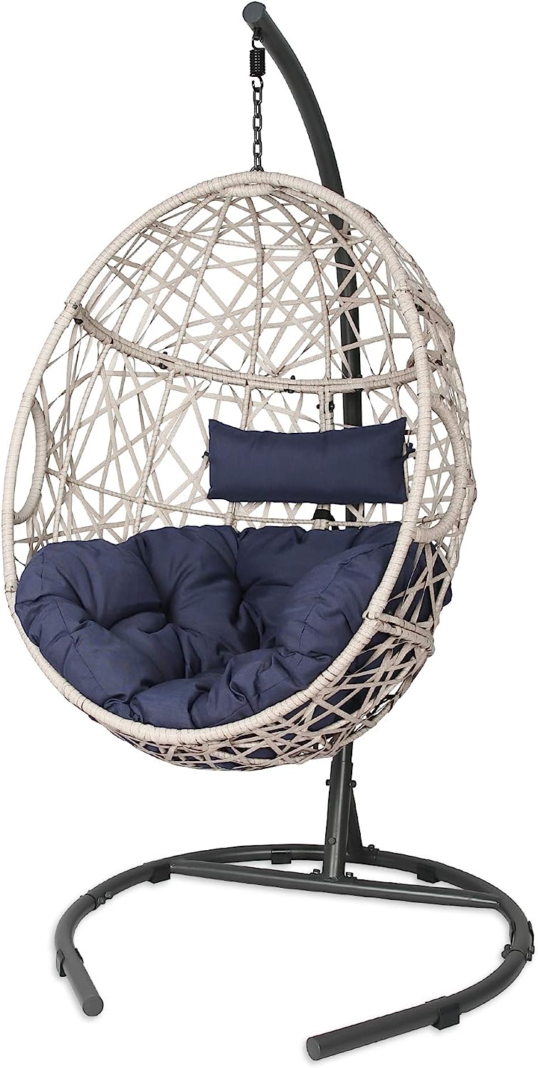 Iwicker Outdoor Rattan Egg Hanging Swing Chair with Cushions and Stand (Beige)