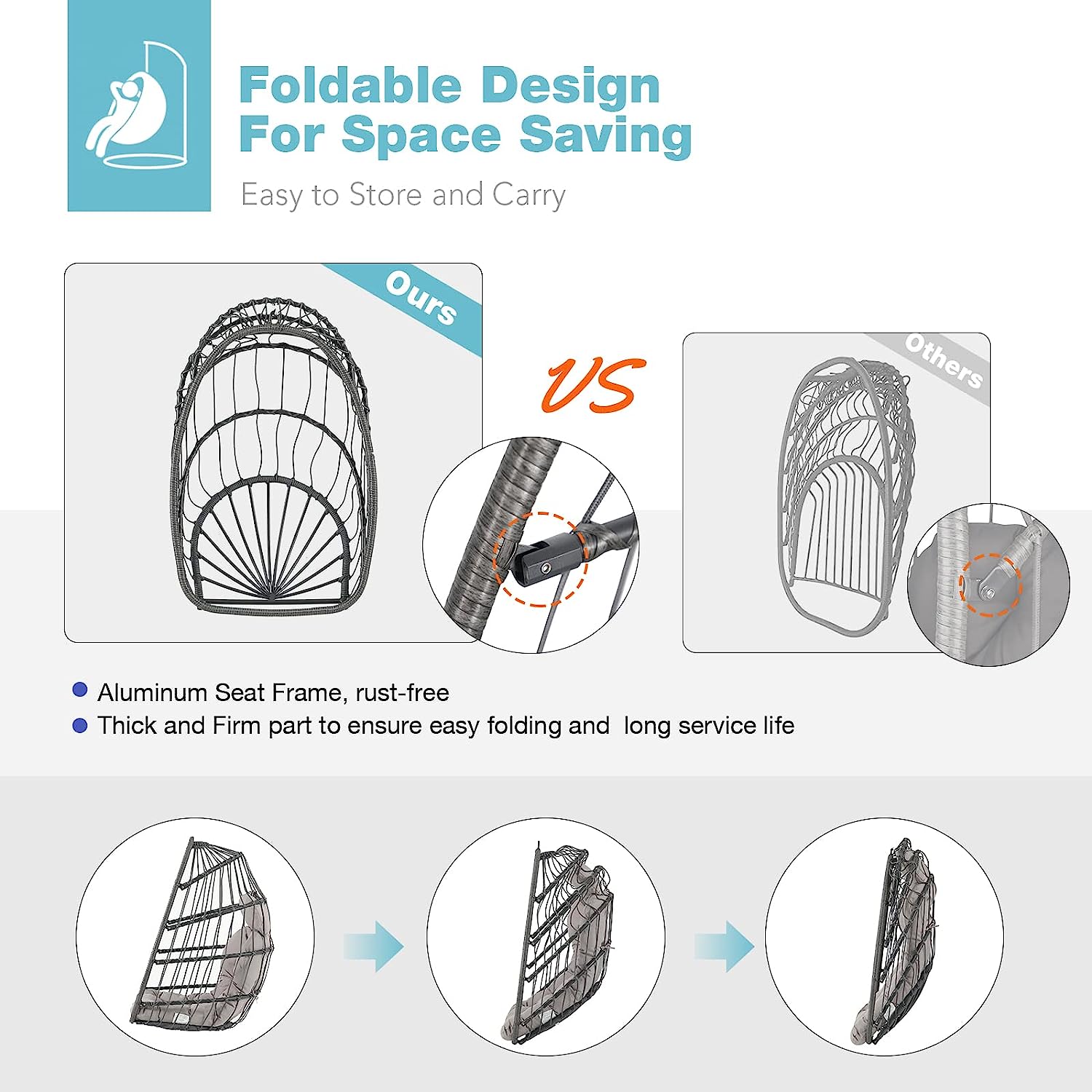 Patiorama Indoor Outdoor Egg Swing Chair with Stand, Patio Grey Wicker Rattan Hanging Chair with Rope Back, Cushion,Cover,All Weather Foldable Hammock Chair for Bedroom, Garden (Light Grey)