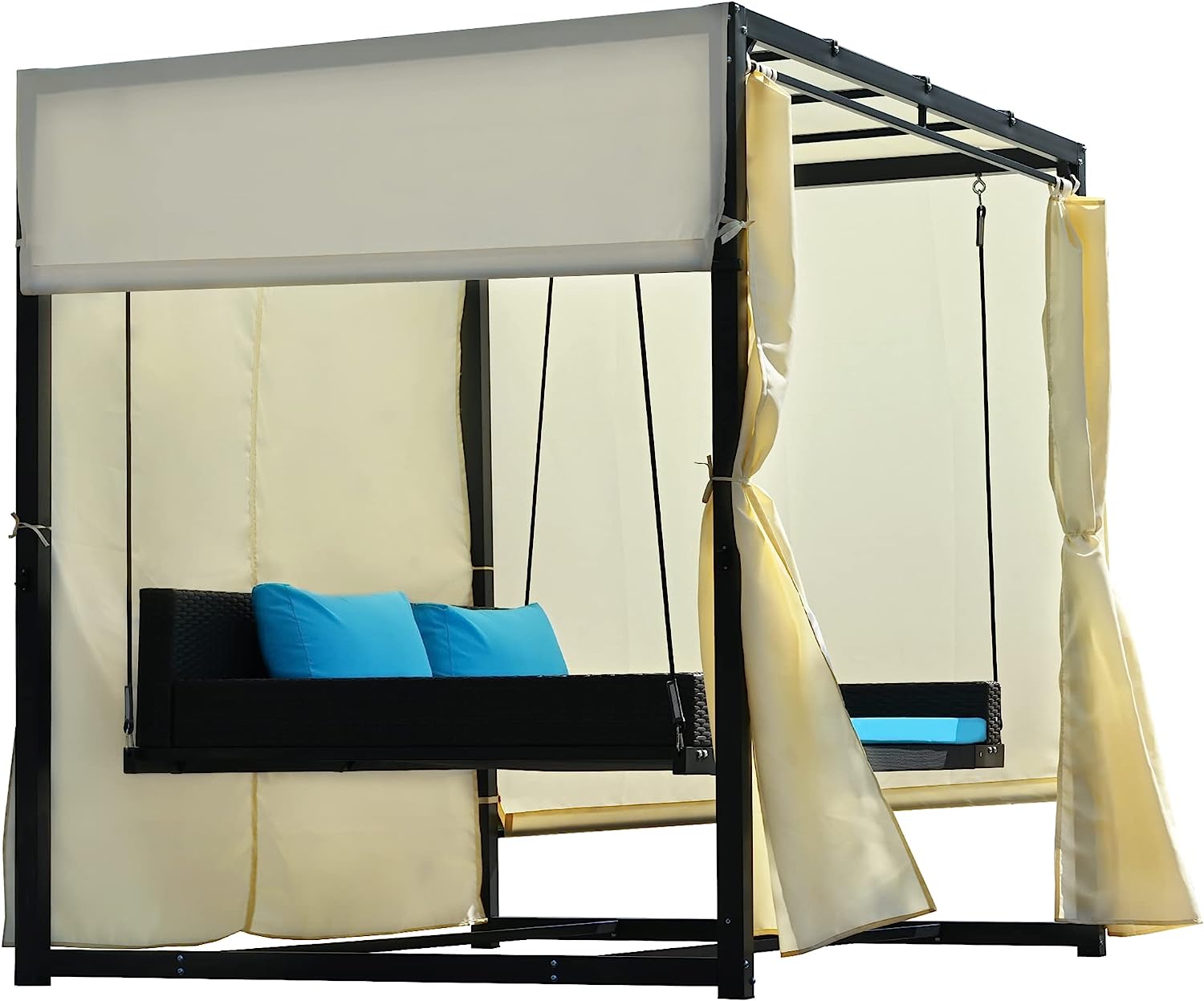 Patio 51.9” 2-Person Swing Chair,Outdoor Rattan Woven Hanging Seat with Adjustable Rope and Cushion,for Porch Lawn Garden Backyard Balconies (Black&b)