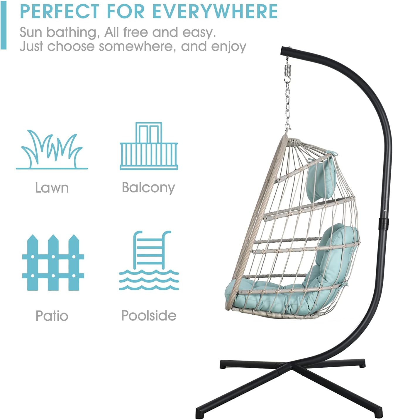 Patiorama Indoor Outdoor Egg Swing Chair with Stand, Patio Grey Wicker Rattan Hanging Chair with Rope Back, Cushion,Cover,All Weather Foldable Hammock Chair for Bedroom, Garden (Light Grey)