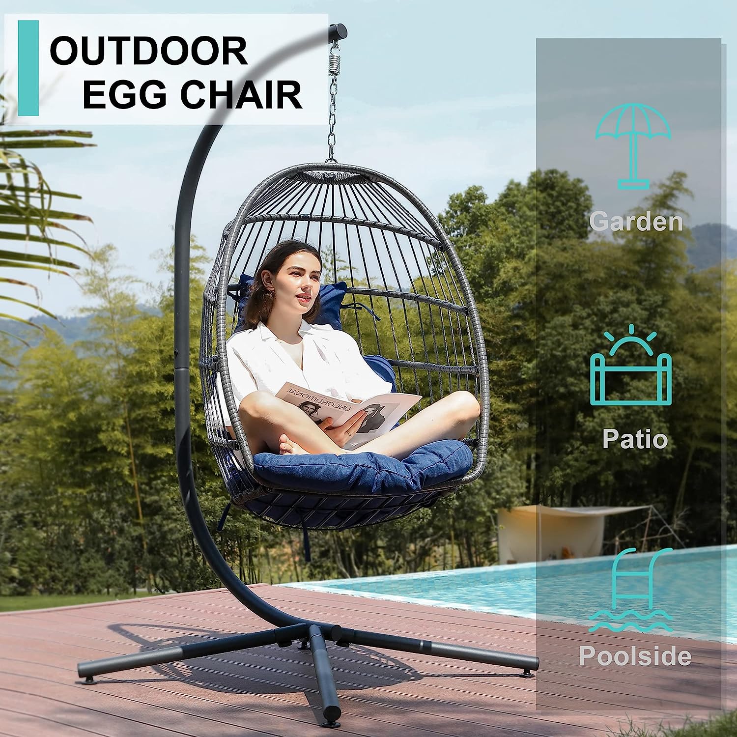 SWITTE Hanging Egg Chair with Stand, Egg Swing Hammock Chair with Stand, Indoor Outdoor Wicker Egg Chair with Cushion Headrest for Patio Bedroom Porch Garden, 350LBS Capacity(Dark Grey)