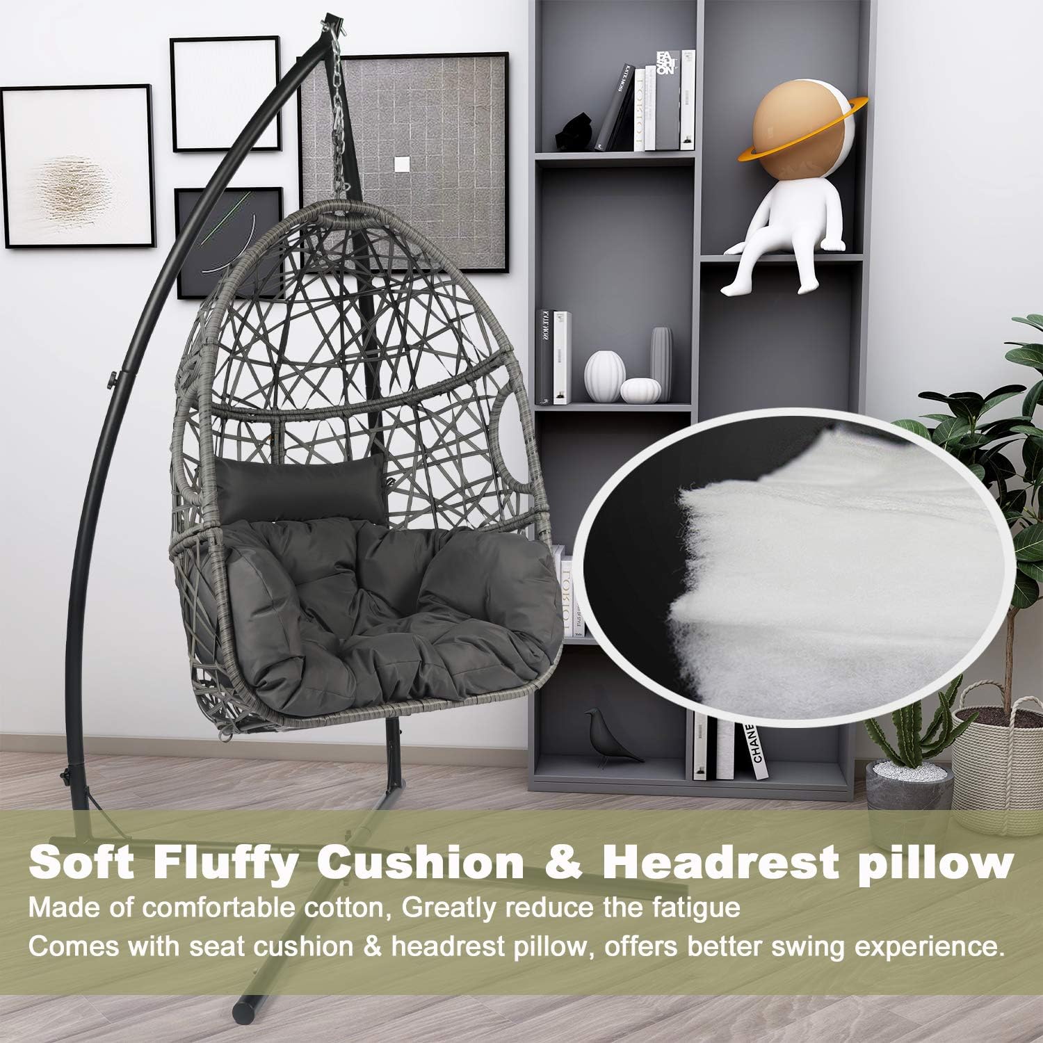 LAZZO Swing Egg Chair, Rattan Hanging Chair, Indoor & Outdoor Hammock Chair with Seat Cushion & Pillow for Patio Porch Lounge Bedroom