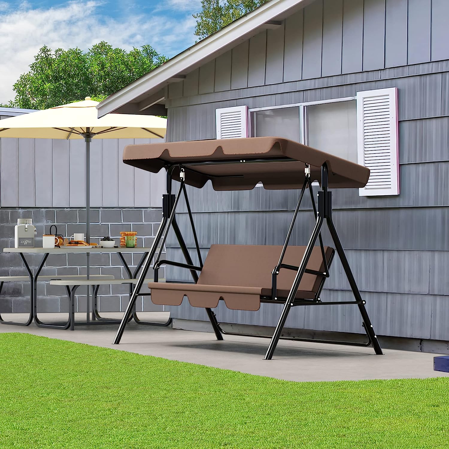 YITAHOME 3-Seat Porch Swing Outdoor Heavy Duty Patio Swing Chair with Stand Adjustable Canopy Soft Cushion for Garden, Patio, Lawn, Balcony and Deck, Black