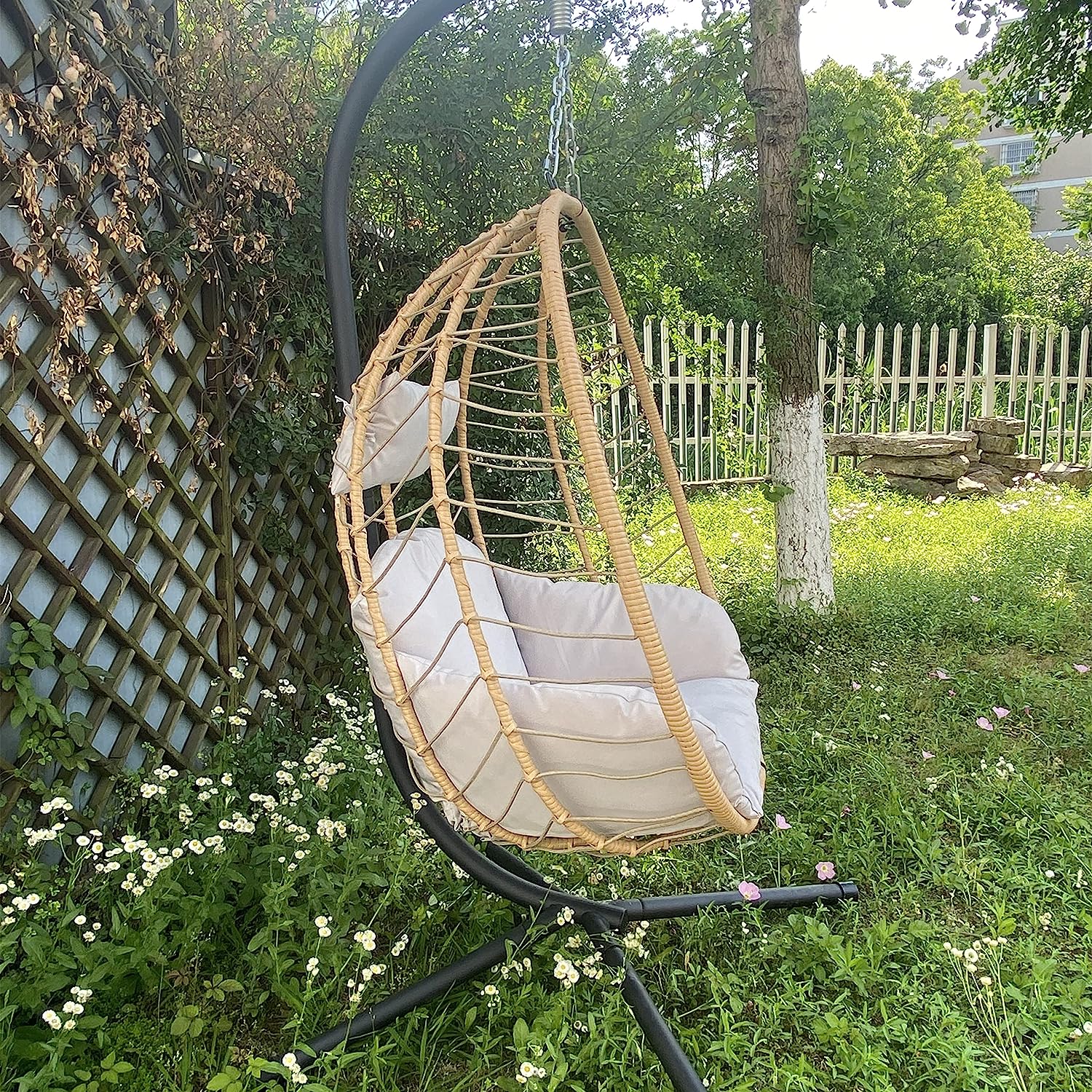 VARVIND Hammock Chair,Swing Egg Chiar with Stand and Cushions, Pillow, Foldable Wicker Rattan Hanging Egg Chair,Adjustable Height,Anti-UV&Waterproof, Indoor and Outdoor Use,286Lbs(Brown)