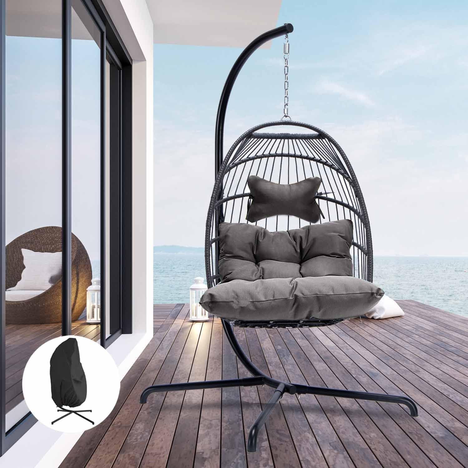 Indoor Outdoor Patio Wicker Hanging Chair Swing Egg Basket Chairs with Stand UV Resistant Cushions 350lbs Capaticy for Patio Backyard Balcony Xmas Gift