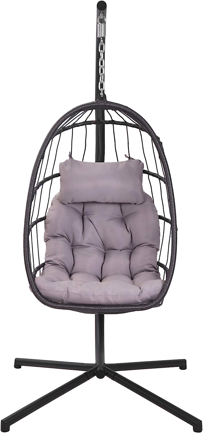 Patio Hanging Egg Chair with Stand Swing Chair,Basket Swinging Chair,Porch Chaise Lounge Chair,Rattan Wicker Hammock Chair with Deep Cushion for Indoor Outdoor Home Bedroom Backyard Balcony (Gray)