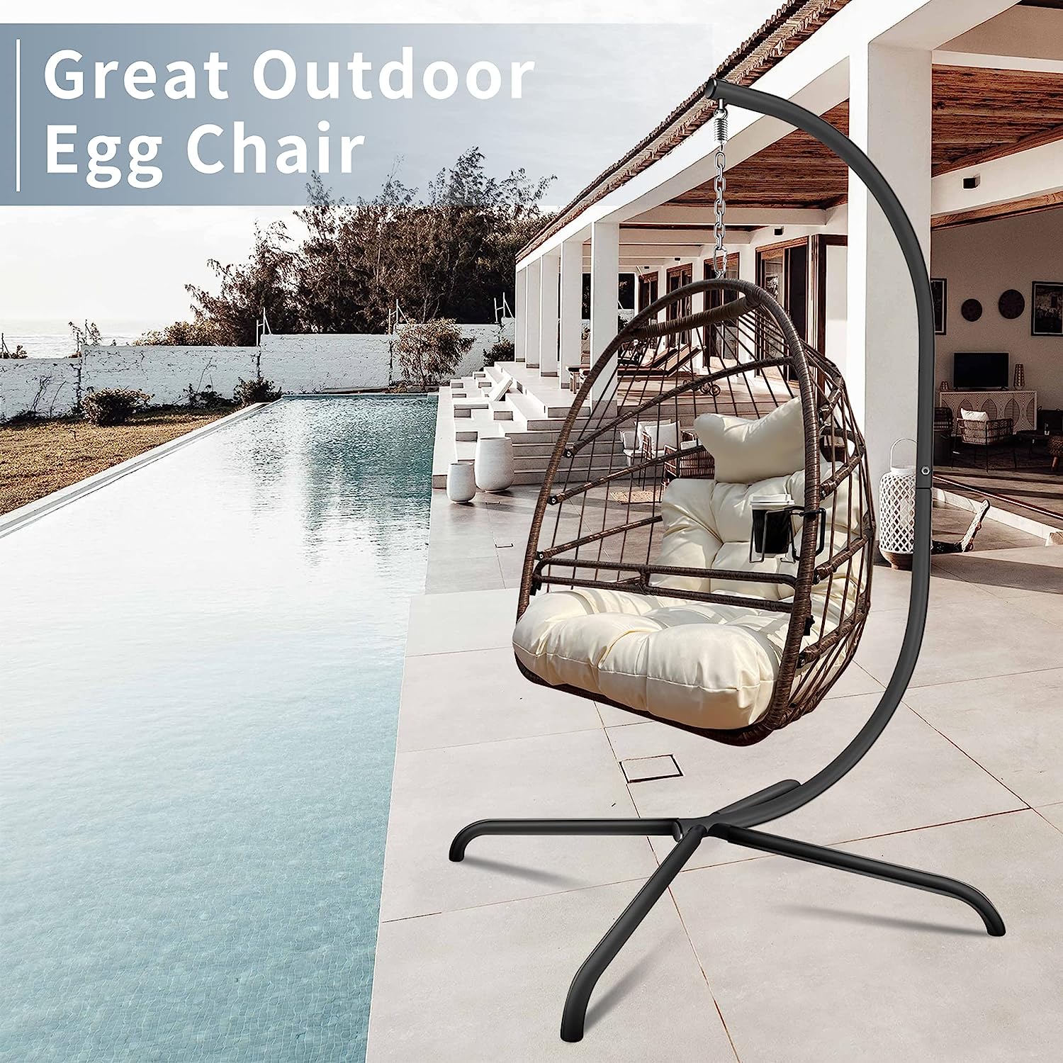 Olela Wicker Egg Swing Chair with Stand Indoor Outdoor,Hanging Egg Chair with Cushion and Pillow,Basket Chair for Bedroom,Living Room or Patio Garden (Natural-Round Base)