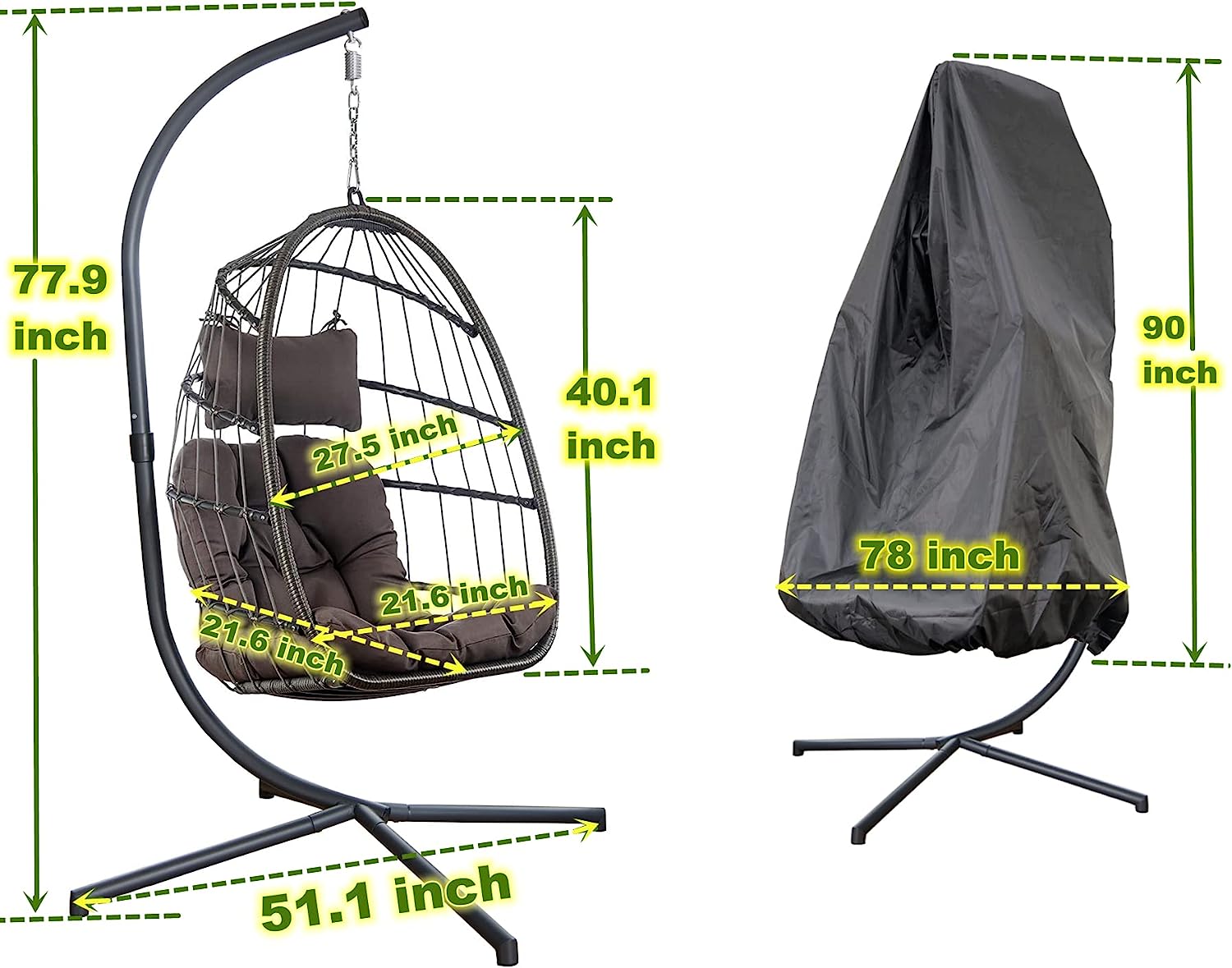Mojia Patio Wicker Hanging Egg Swing Chair with Stand, Hammock Egg Chairs Foldable UV Resistant Cushions 440lbs Capaticy (Gray)