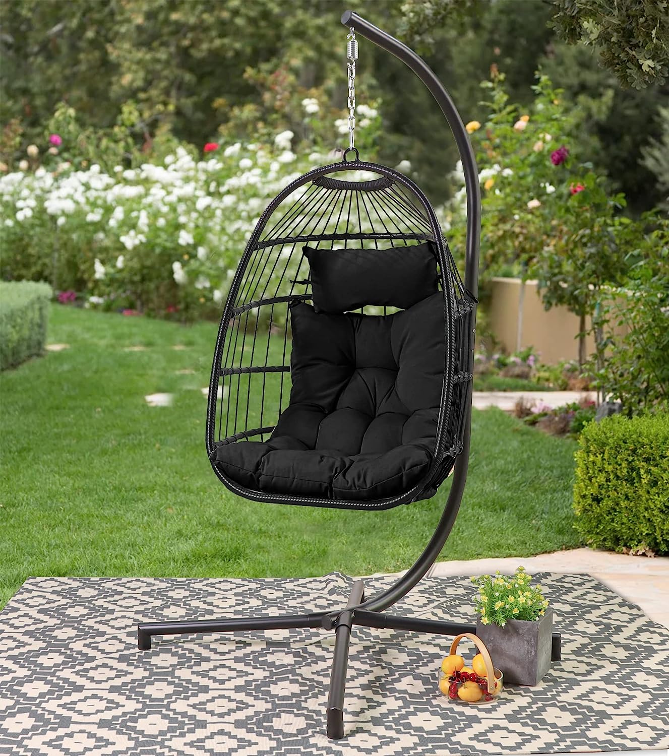 Avenlur Outdoor Patio Hanging Chair - Hammock Swing Egg Chair with Stand, Indoor/Outdoor Hanging Chair for Patio Bedroom Balcony (Black)