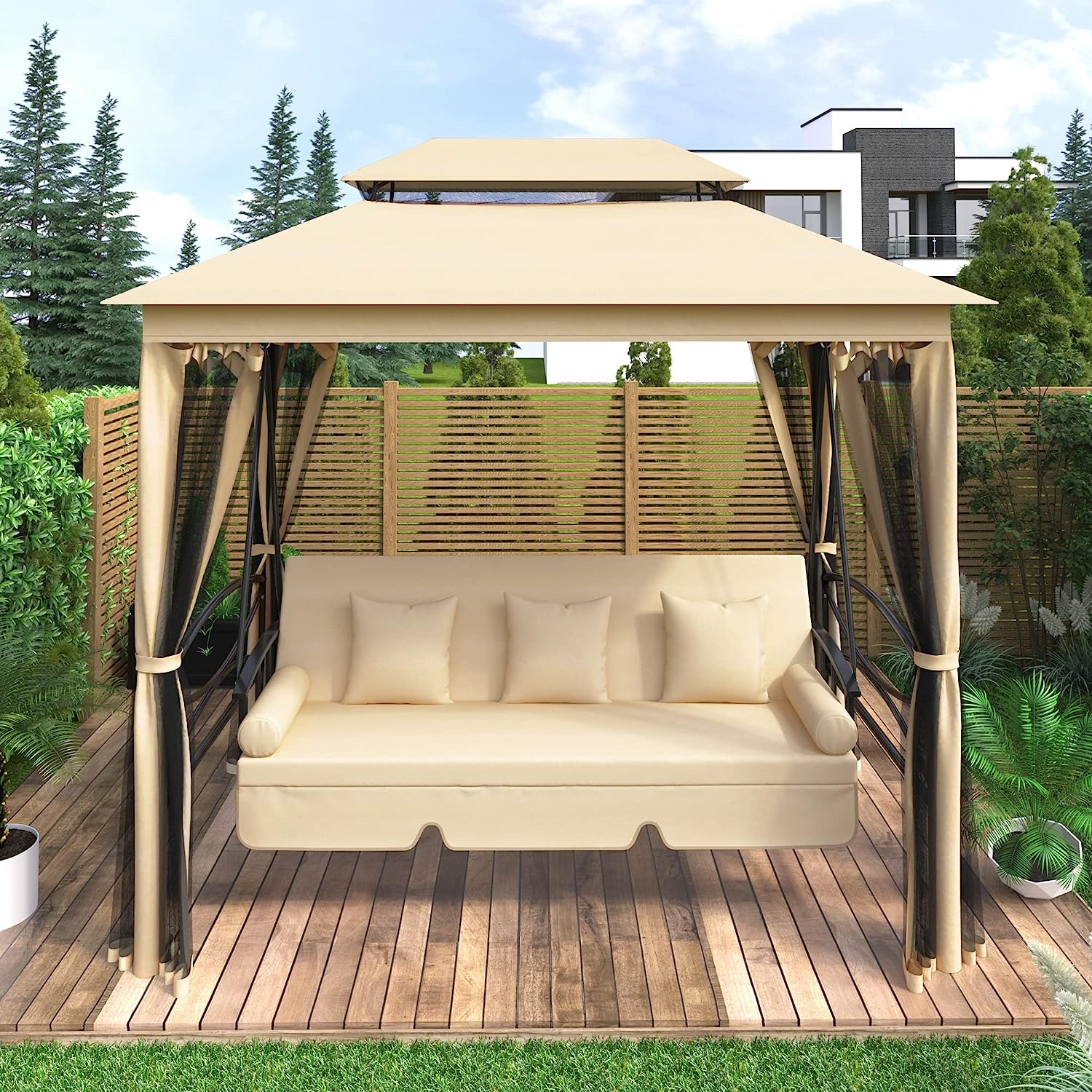 Campfun Outdoor Gazebo Swing, 3-Seat Patio Swing Chair, Outdoor Swing Bed, Outdoor Swing with Canopy, Netting Curtains, Side Trays, Canopy Swing for Garden, Poolside Backyard - 8.9x5.9 Ft, Beige