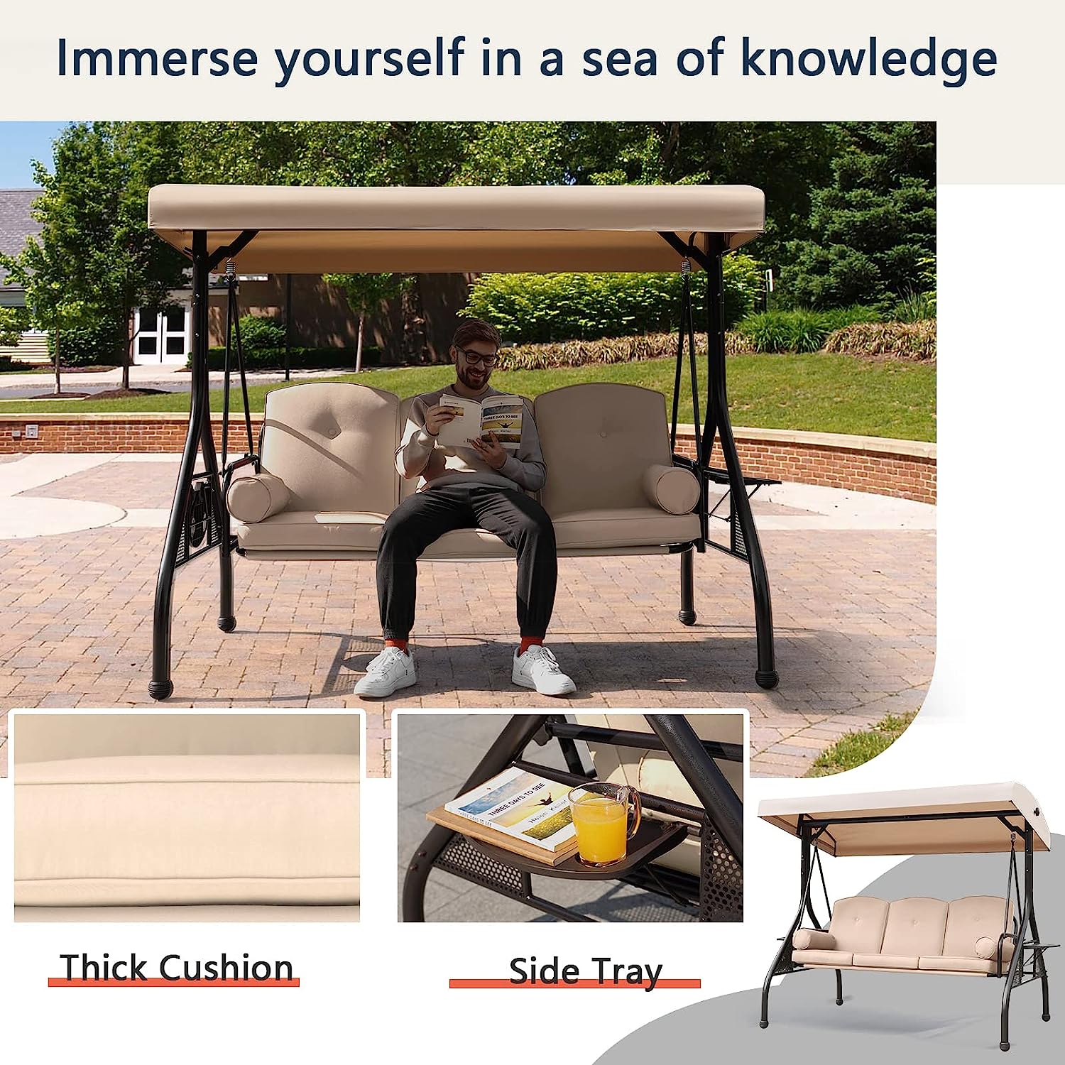 NOBLEMOOD Patio Porch Swing, 3-Seat Outdoor Swing with Adjustable Canopy, Thickened Cushion, Pillow and Foldable Side Tray for Patio, Backyard, Porch Swing Bed for Spring(Khaki)