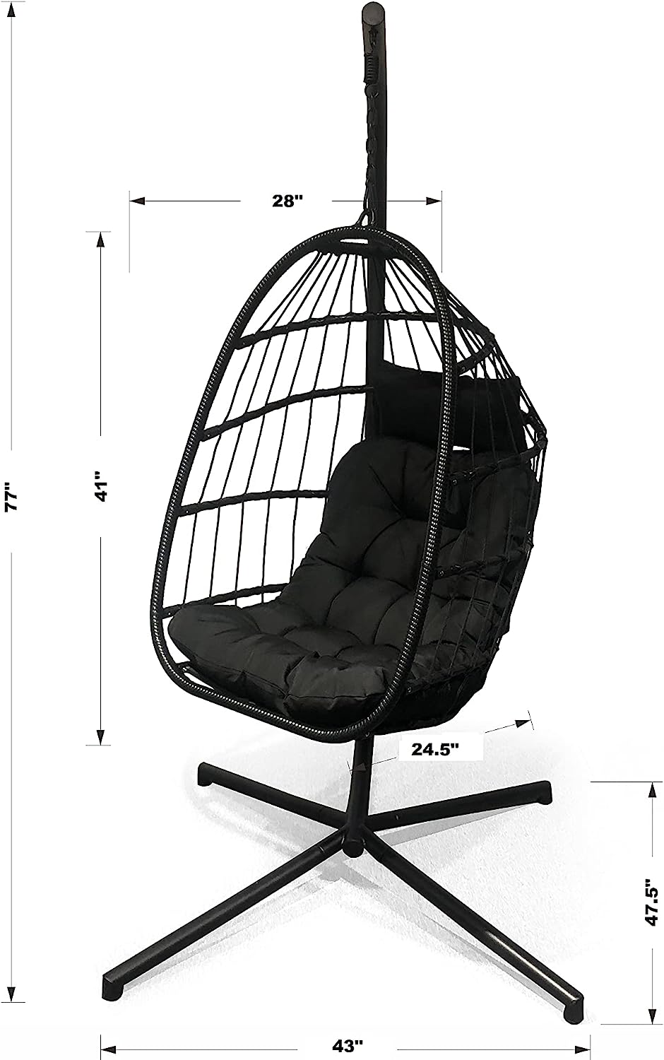Avenlur Outdoor Patio Hanging Chair - Hammock Swing Egg Chair with Stand, Indoor/Outdoor Hanging Chair for Patio Bedroom Balcony (Black)