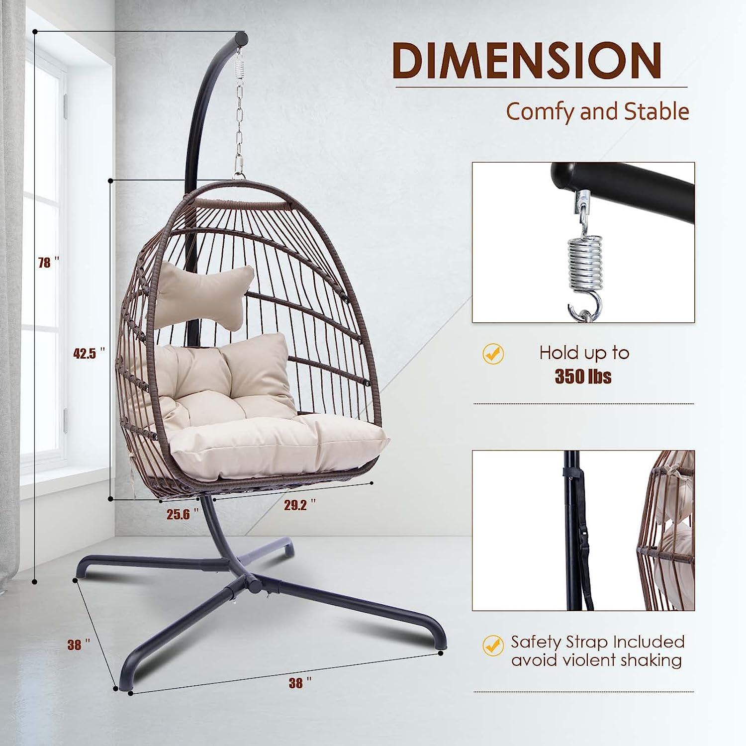 RADIATA Foldable Wicker Rattan Hanging Egg Chair with Stand, Swing Chair with Cushion and Pillow, Lounging Chair for Indoor Outdoor Bedroom Patio Garden (Beige with Stand)