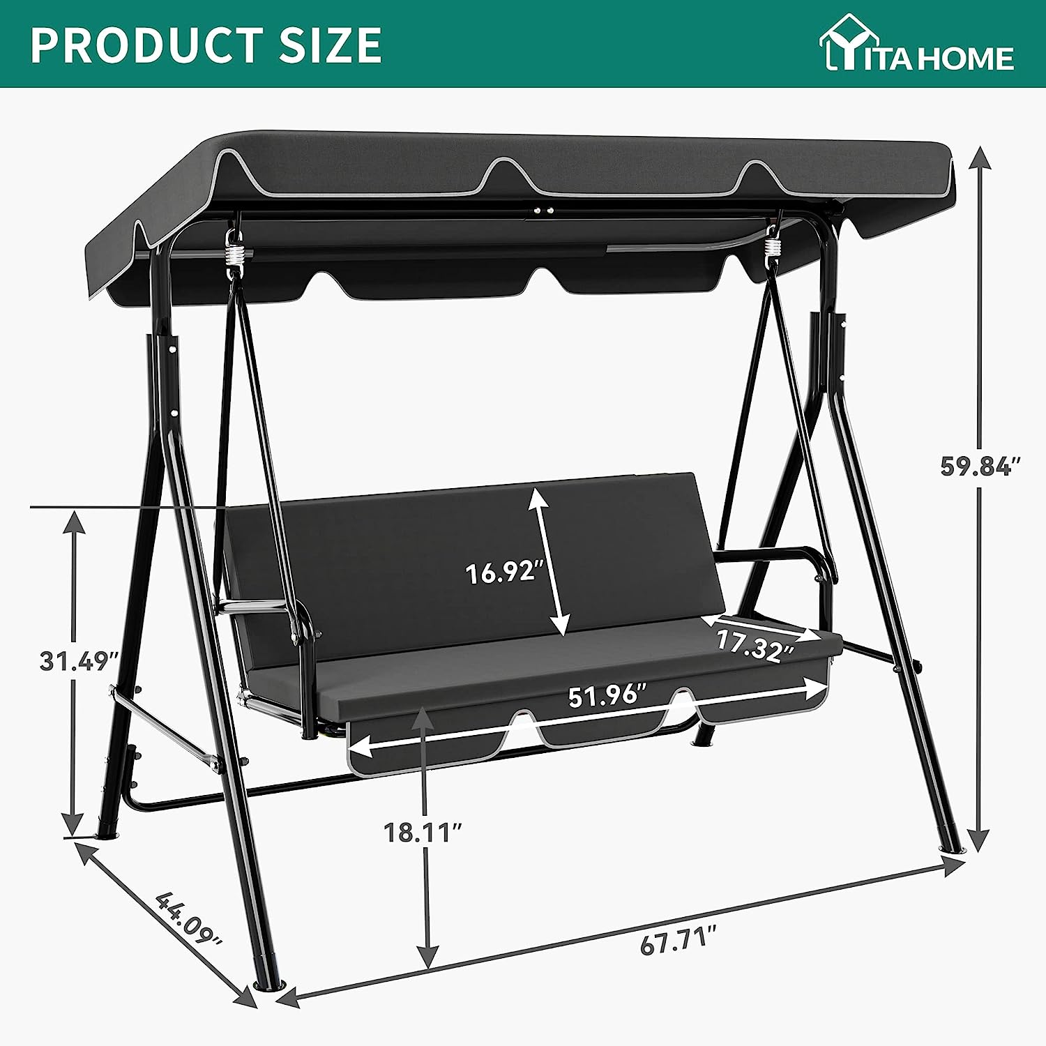 YITAHOME 3-Seat Porch Swing Outdoor Heavy Duty Patio Swing Chair with Stand Adjustable Canopy Soft Cushion for Garden, Patio, Lawn, Balcony and Deck, Black