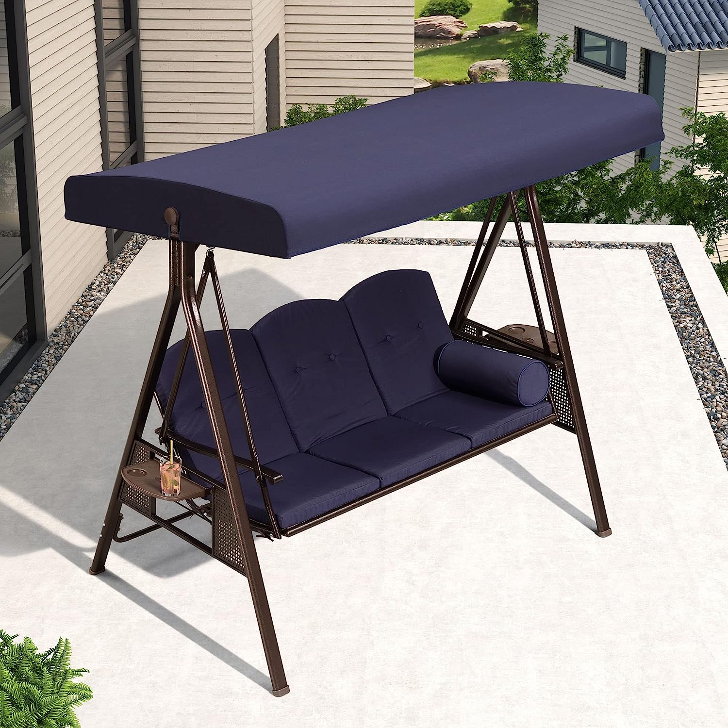 PURPLE LEAF 3-Seat Deluxe Outdoor Patio Porch Swing with Weather Resistant Steel Frame, Adjustable Tilt Canopy, Cushions and Pillow Included, Beige