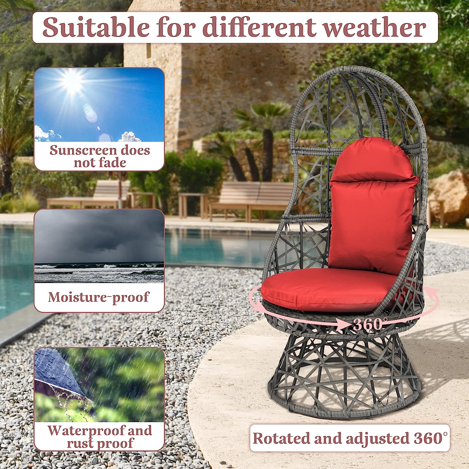 HOPUBUY Hammock Chair Egg Chair with Stand, Hanging Chair with Cushion and Pillow, Rattan Egg Swing Chair for Outdoor Indoor Bedroom, Porch, Balcony, Tree (C-Stand not Included)