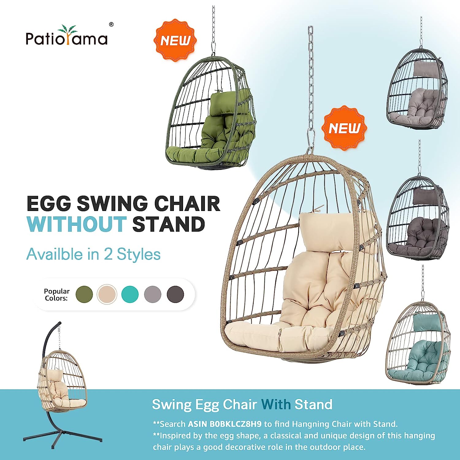 Patiorama Indoor Outdoor Egg Swing Chair with Stand, Patio Grey Wicker Rattan Hanging Chair with Rope Back, Cushion,Cover,All Weather Foldable Hammock Chair for Bedroom, Garden (Light Grey)