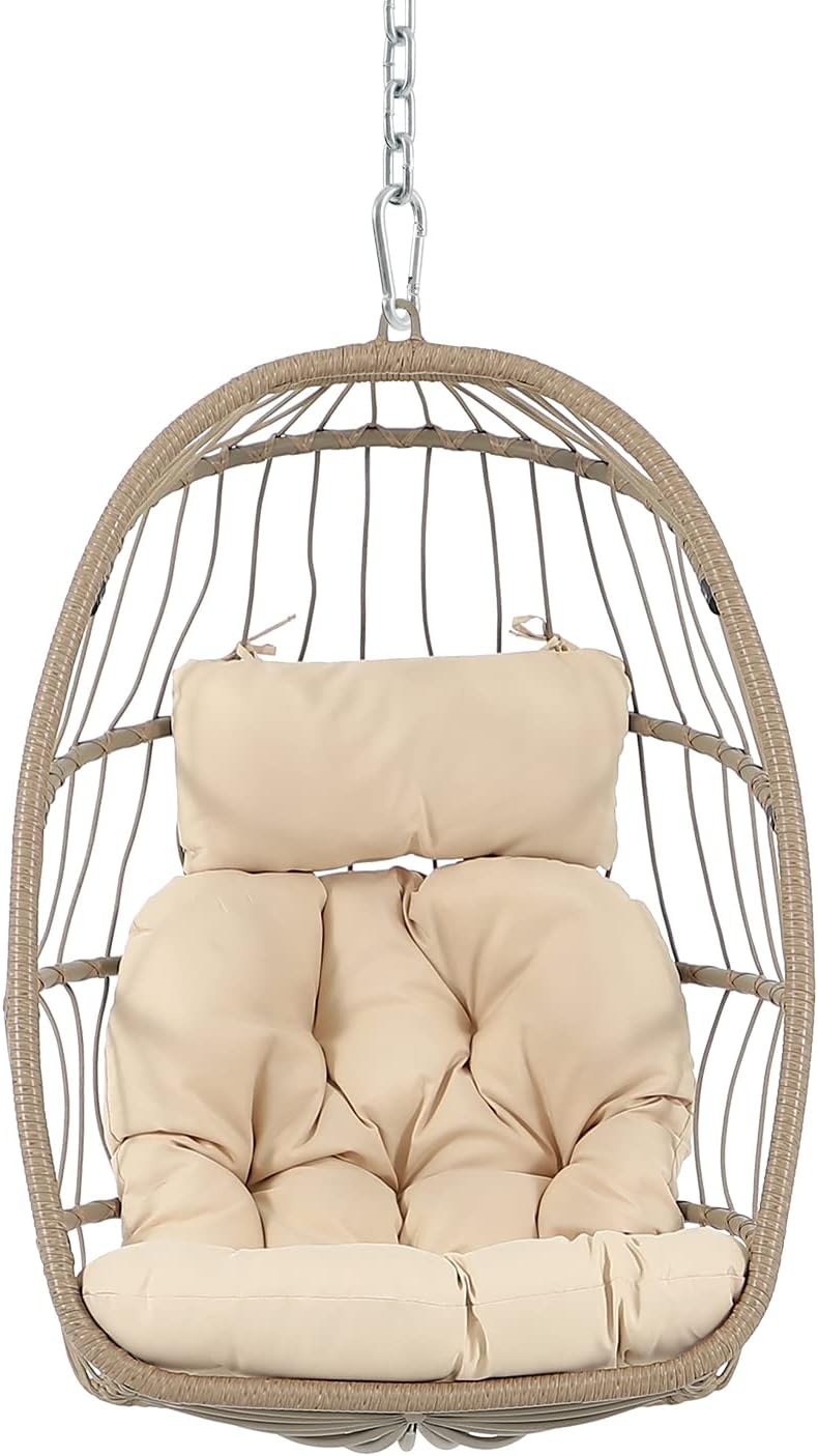 Patiorama Indoor Outdoor Egg Swing Chair with Stand, Patio Grey Wicker Rattan Hanging Chair with Rope Back, Cushion,Cover,All Weather Foldable Hammock Chair for Bedroom, Garden (Light Grey)