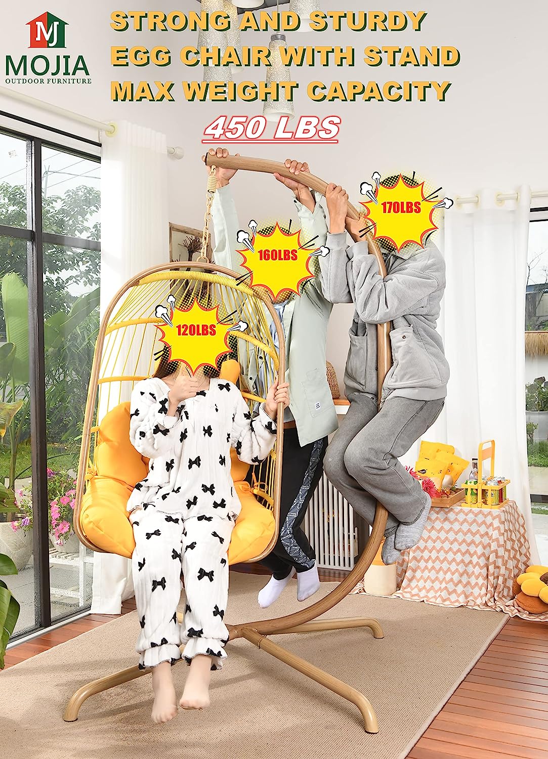 MOJIA Egg Chair with Stand and Oxford Cover, Patio Wicker Hanging Swing Chair with UV Resistant Cushion and Foldable Seat Basket