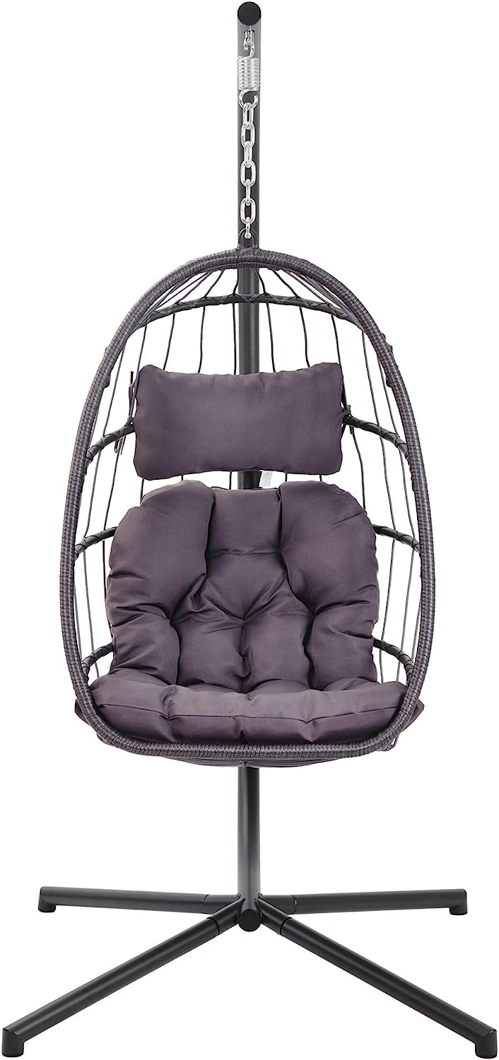 Patio Hanging Egg Chair with Stand Swing Chair,Basket Swinging Chair,Porch Chaise Lounge Chair,Rattan Wicker Hammock Chair with Deep Cushion for Indoor Outdoor Home Bedroom Backyard Balcony (Gray)