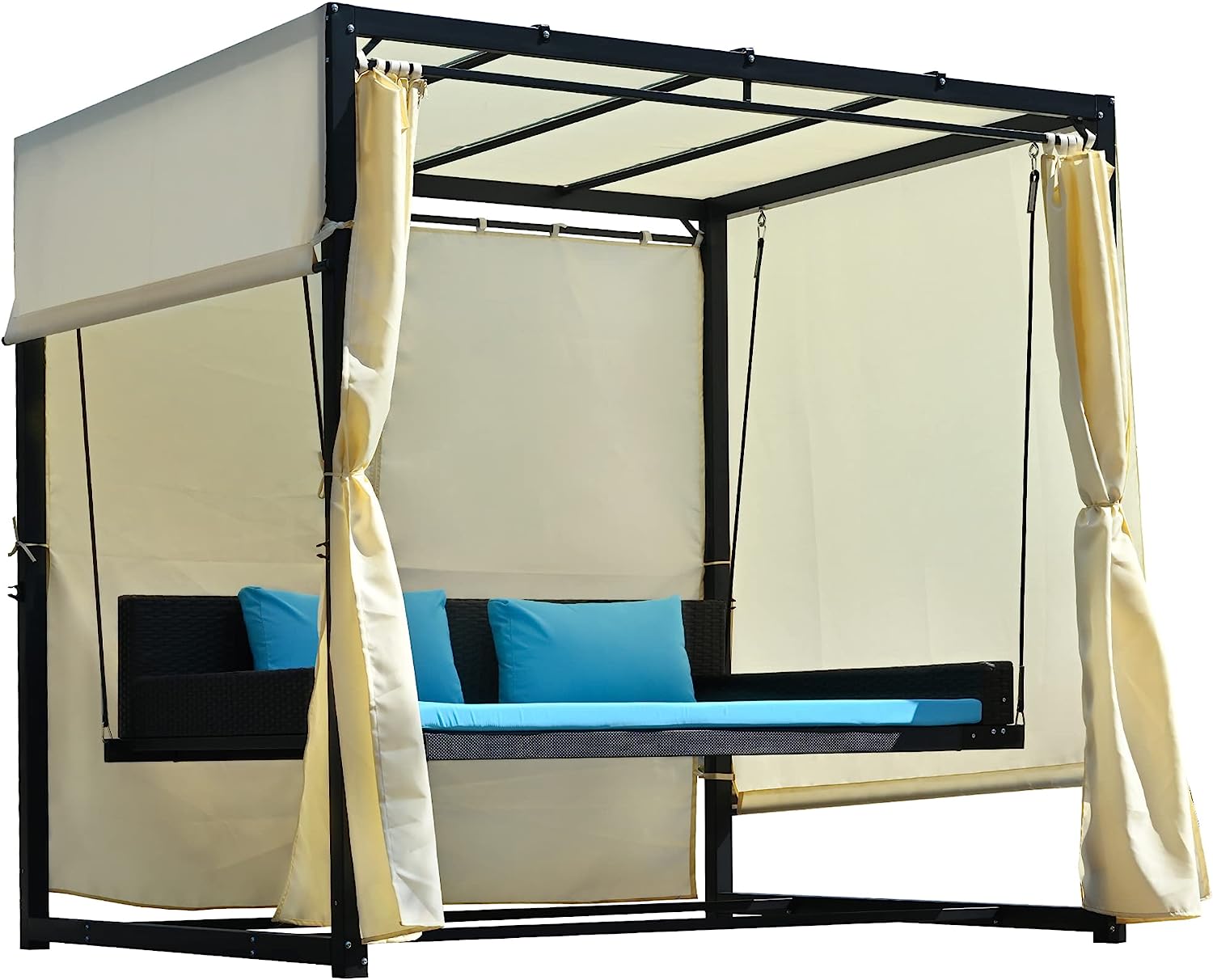 Patio 51.9” 2-Person Swing Chair,Outdoor Rattan Woven Hanging Seat with Adjustable Rope and Cushion,for Porch Lawn Garden Backyard Balconies (Black&b)