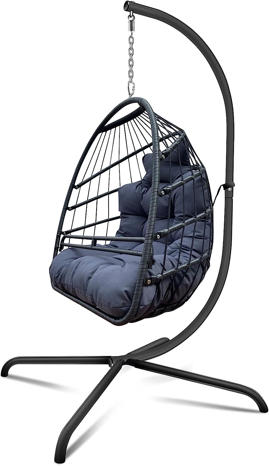 Olela Wicker Egg Swing Chair with Stand Indoor Outdoor,Hanging Egg Chair with Cushion and Pillow,Basket Chair for Bedroom,Living Room or Patio Garden (Natural-Round Base)