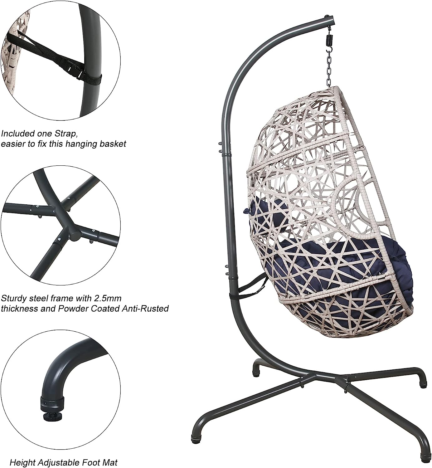 Iwicker Outdoor Rattan Egg Hanging Swing Chair with Cushions and Stand (Beige)