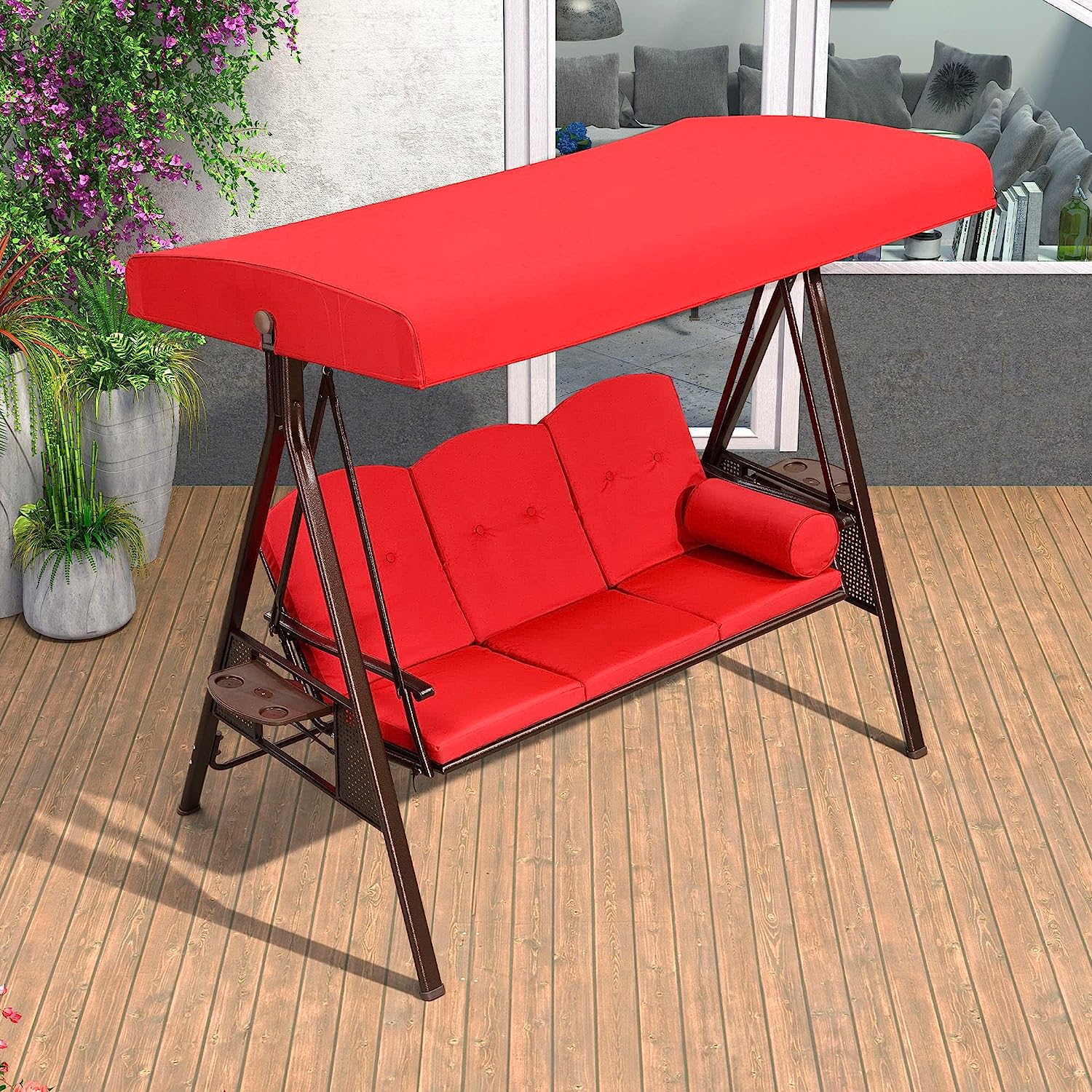 PURPLE LEAF 3-Seat Deluxe Outdoor Patio Porch Swing with Weather Resistant Steel Frame, Adjustable Tilt Canopy, Cushions and Pillow Included, Beige