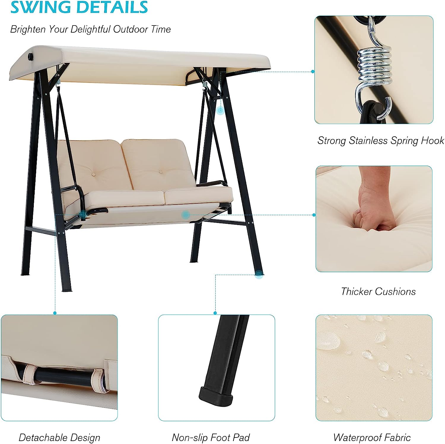 AECOJOY 3-Seat Outdoor Porch Swing with Adjustable Backrest and Canopy, Patio Swing w/Removable Cushions Outdoor Swing Bed for Porch, Backyard, Poolside, Beige