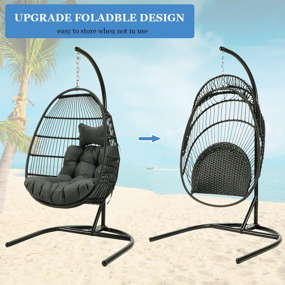 Foldable Swing Chair with Stand, Rattan Wicker Hanging Egg Chair Hammock Chair with Cushion and Pillow for Indoor Outdoor Bedroom Patio Garden (Dark Grey)