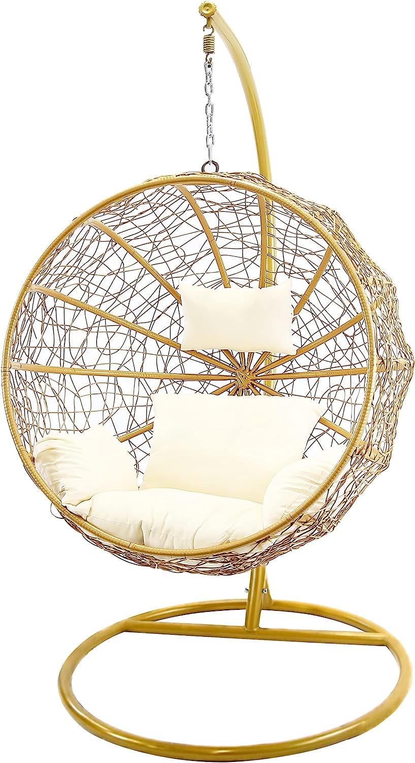 J.M.Deco Porch Swing Chair with Stand, Cushion & Pillow, Goldden Egg Rattan Wicker Swing Hanging Chair, Hammock Chair for Indoor, Outdoor, Garden, Backyard & Patio