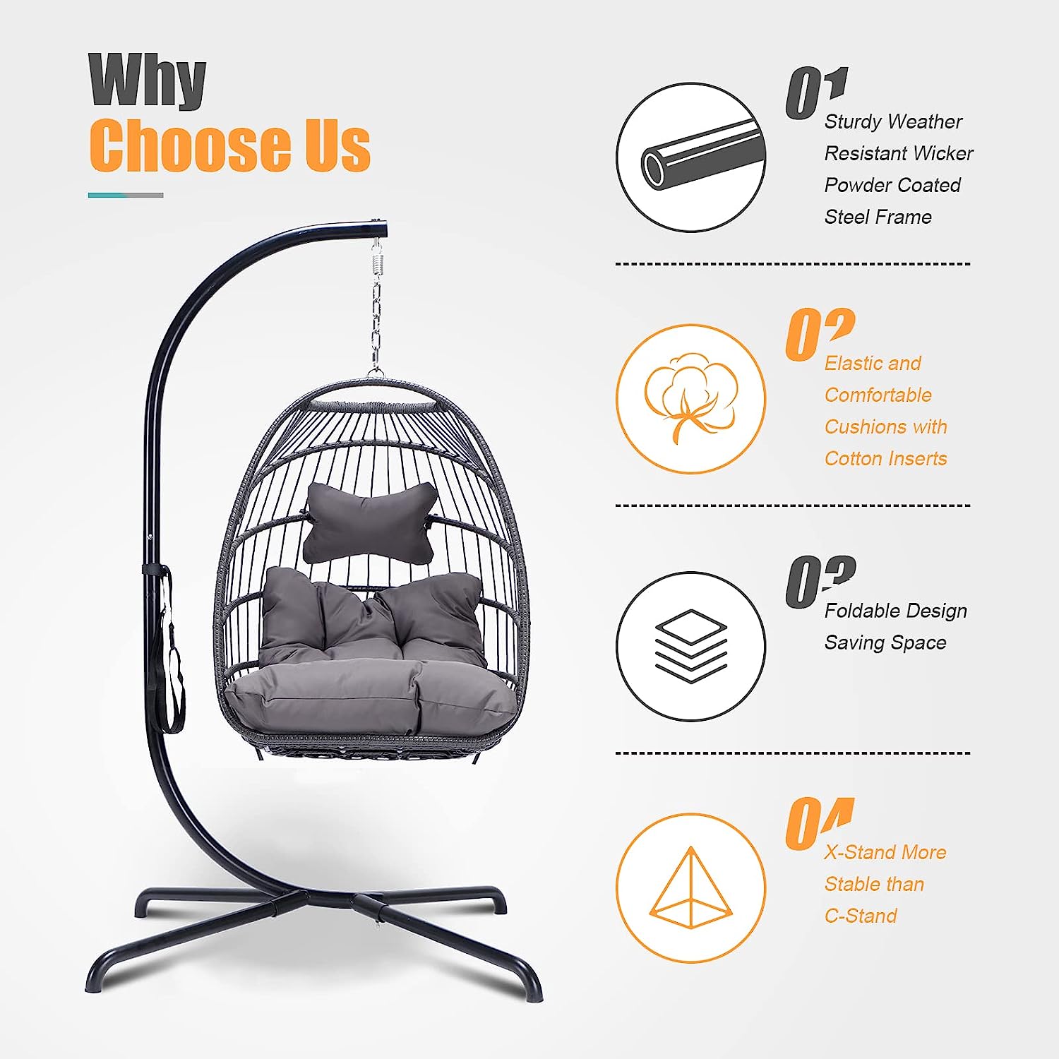 Swing Egg Chair with Stand Indoor Outdoor Wicker Rattan Patio Basket Hanging Chair with UV Resistant Cushions 350lbs Capaticy for Bedroom Balcony Patio (Cream)